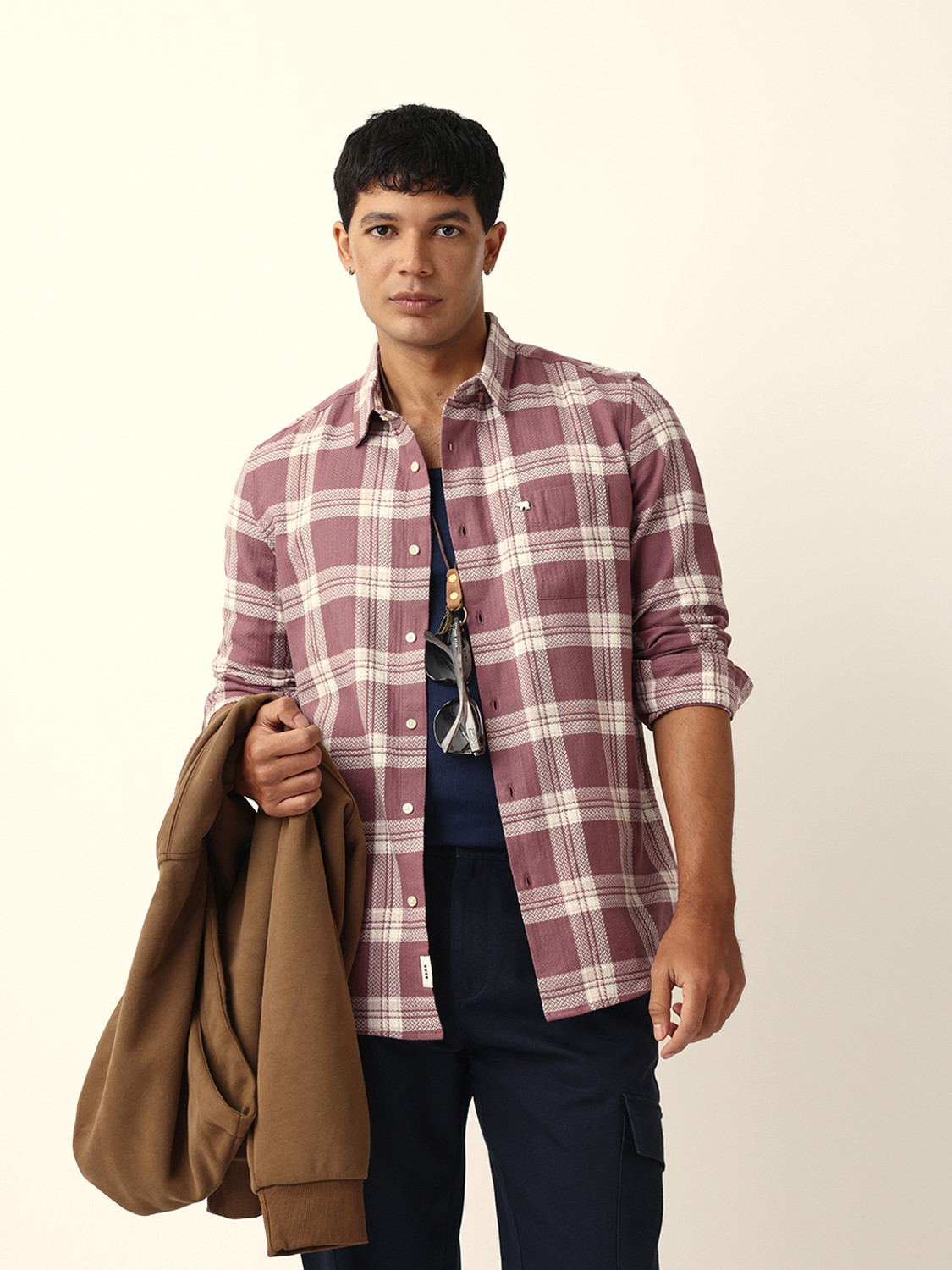 Image of THE BEAR HOUSE Men Checkered Casual Purple, White Shirt