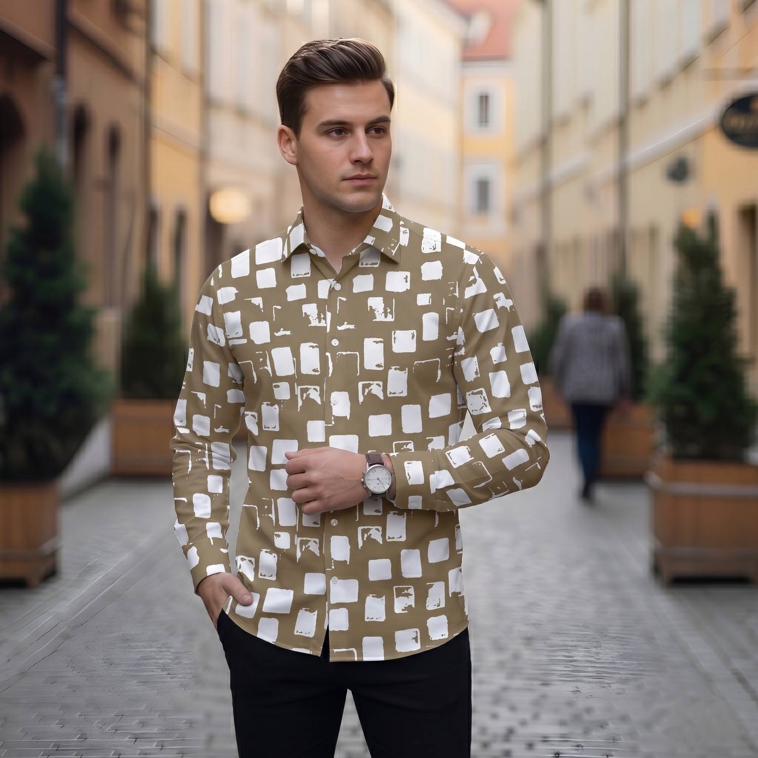 Bloviate Men Printed Casual Beige, White Shirt