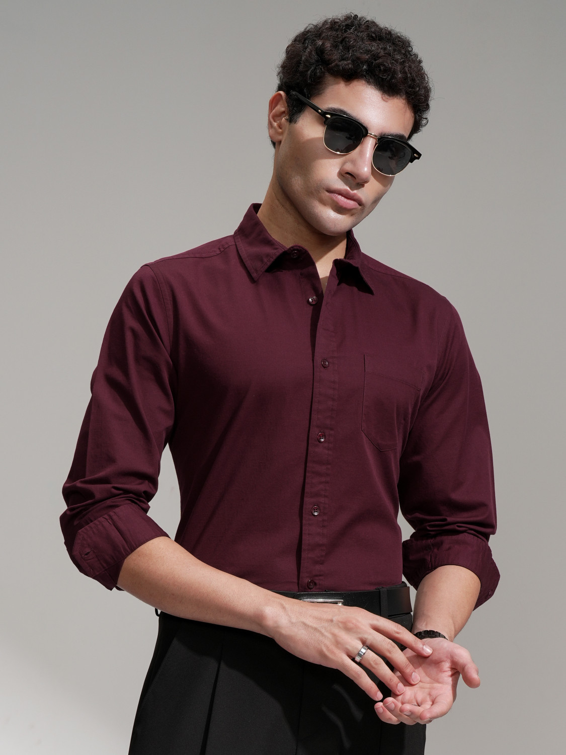 Image of HIGHLANDER Men Solid Casual Maroon Shirt