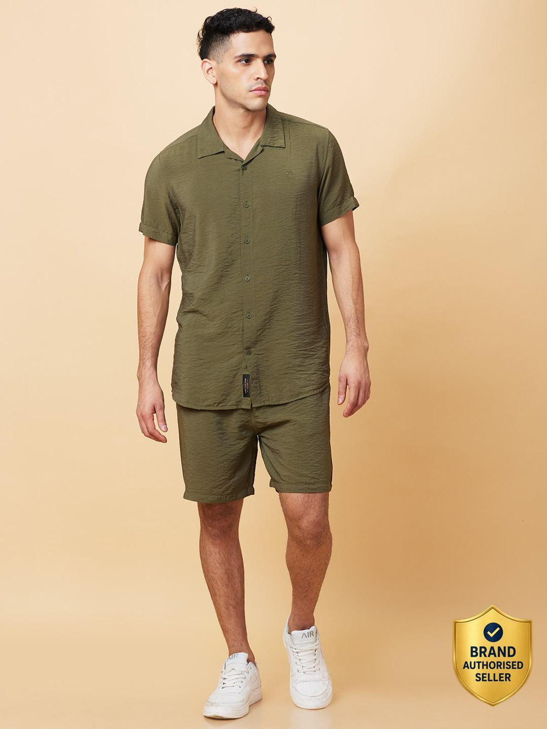 Image of BEING HUMAN Men Solid Casual Dark Green Shirt