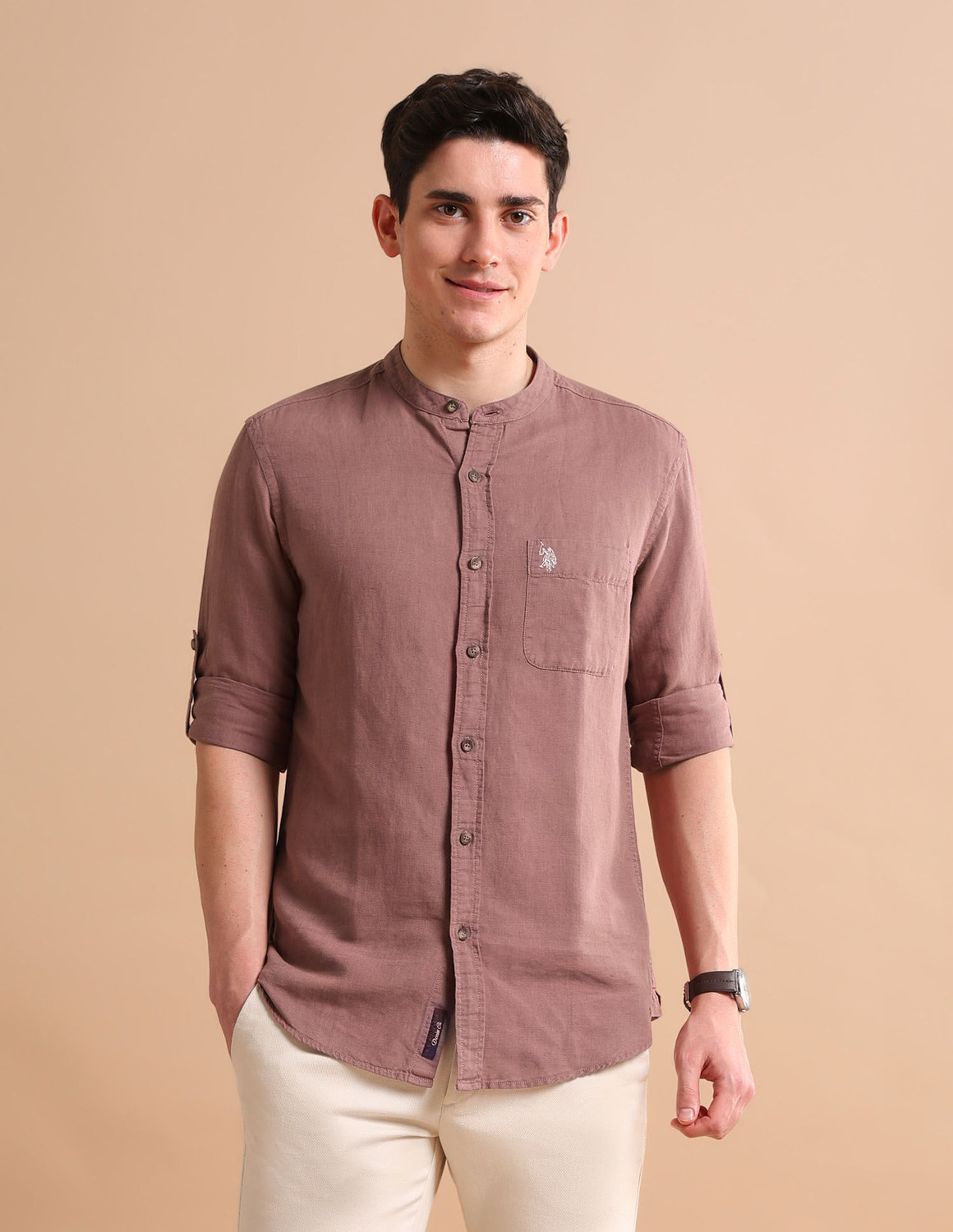 Image of U.S. POLO ASSN. Men Solid Casual Pink Shirt