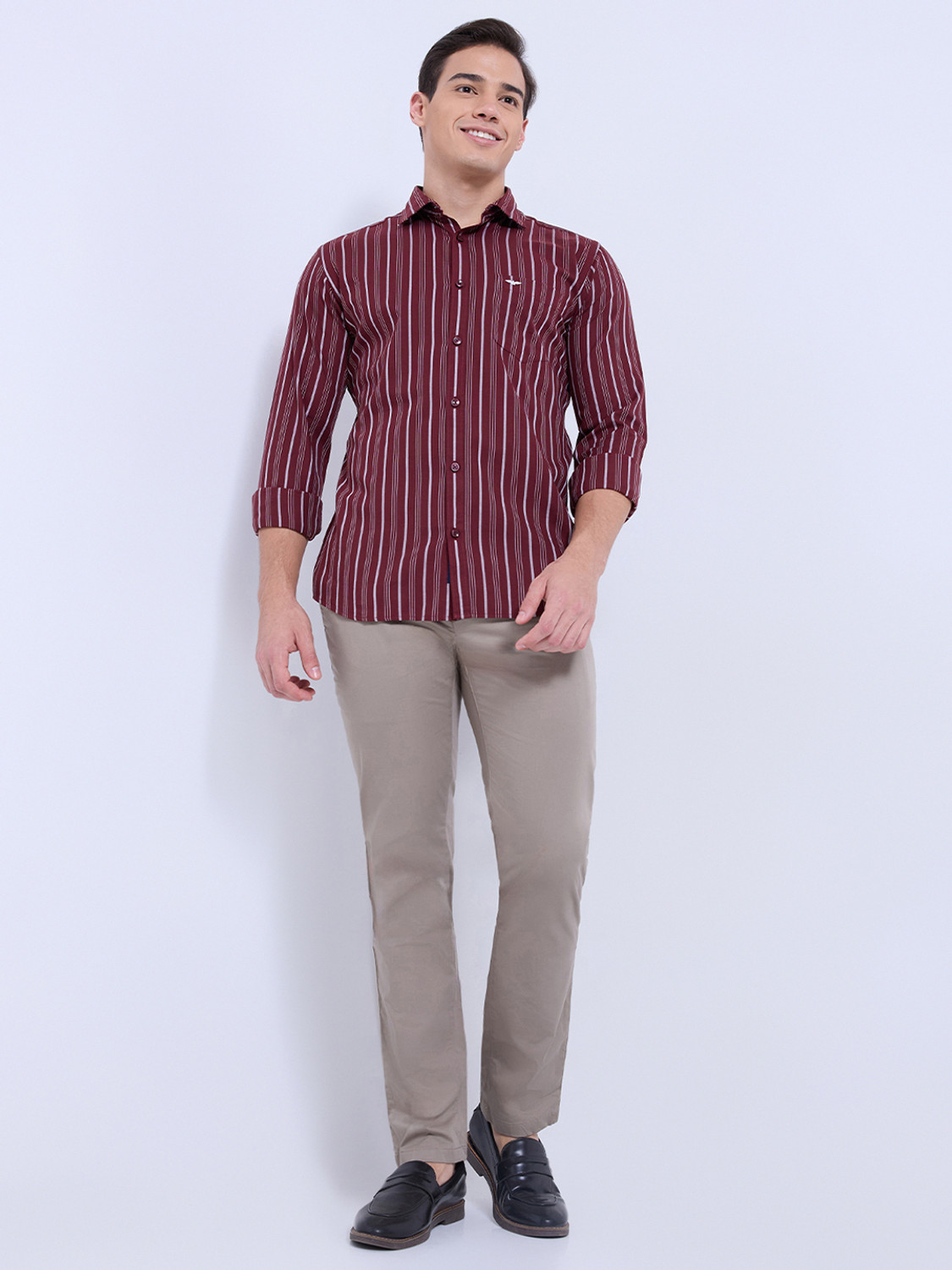 Image of PARK AVENUE Men Striped Casual Maroon Shirt