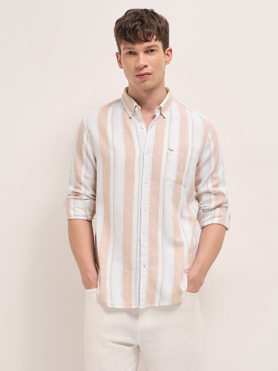 Image of THE BEAR HOUSE Men Striped Casual Beige Shirt