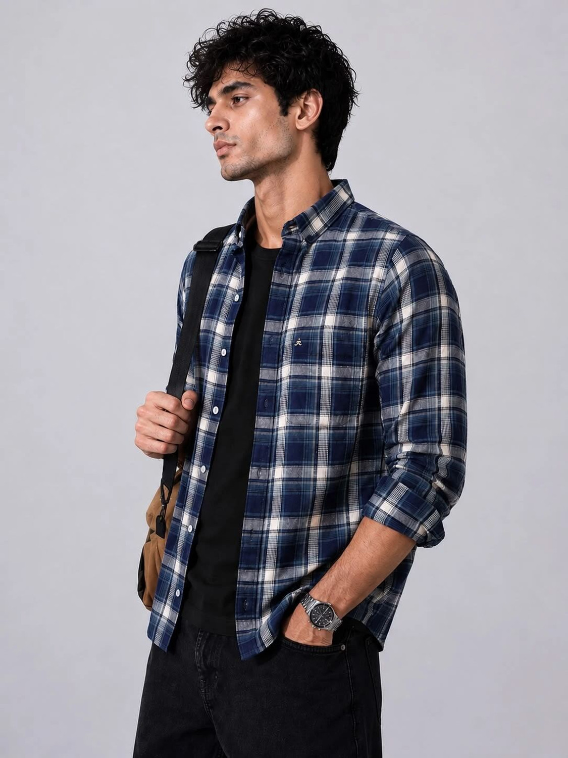 Image of Xkind Men Checkered Casual Dark Blue Shirt