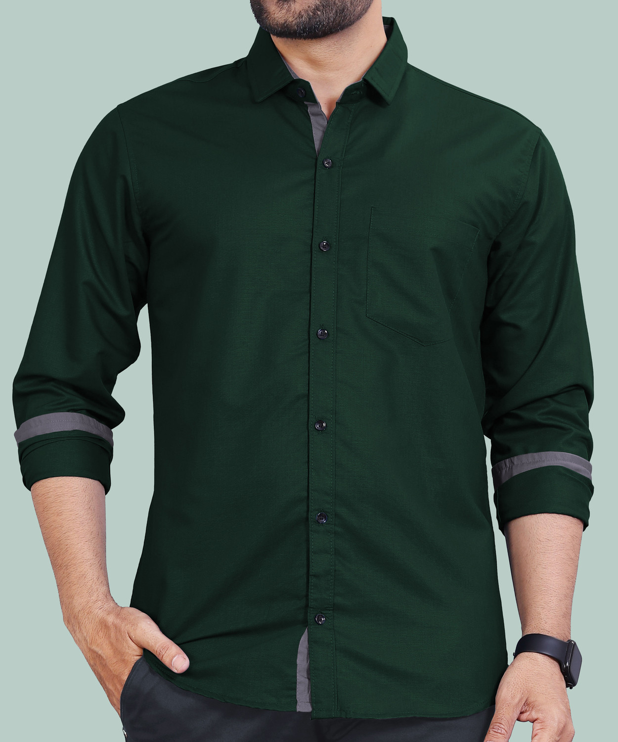 Image of VAAADDO Men Solid Casual Dark Green Shirt