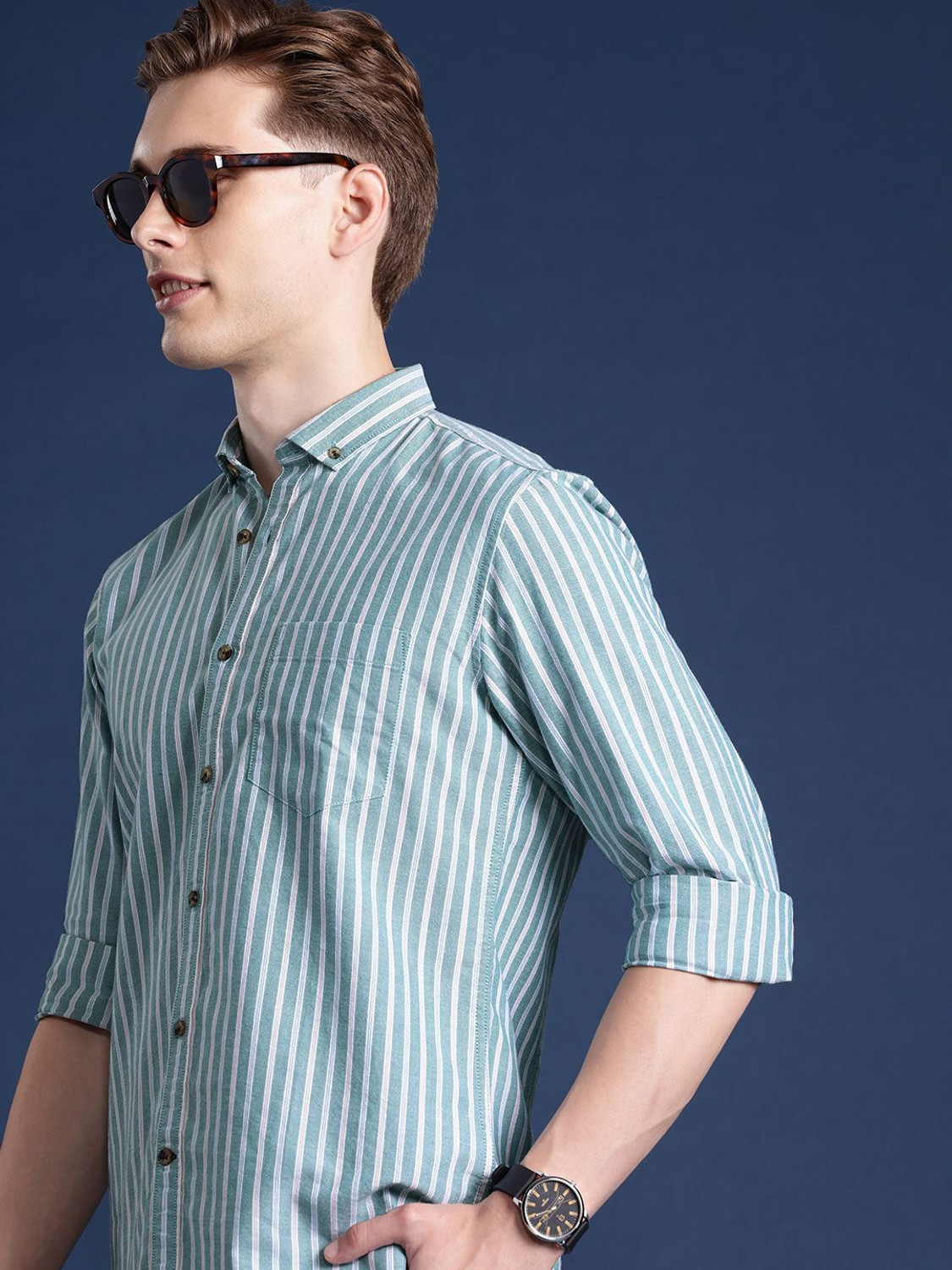 Image of Mast & Harbour Men Striped Casual Green Shirt