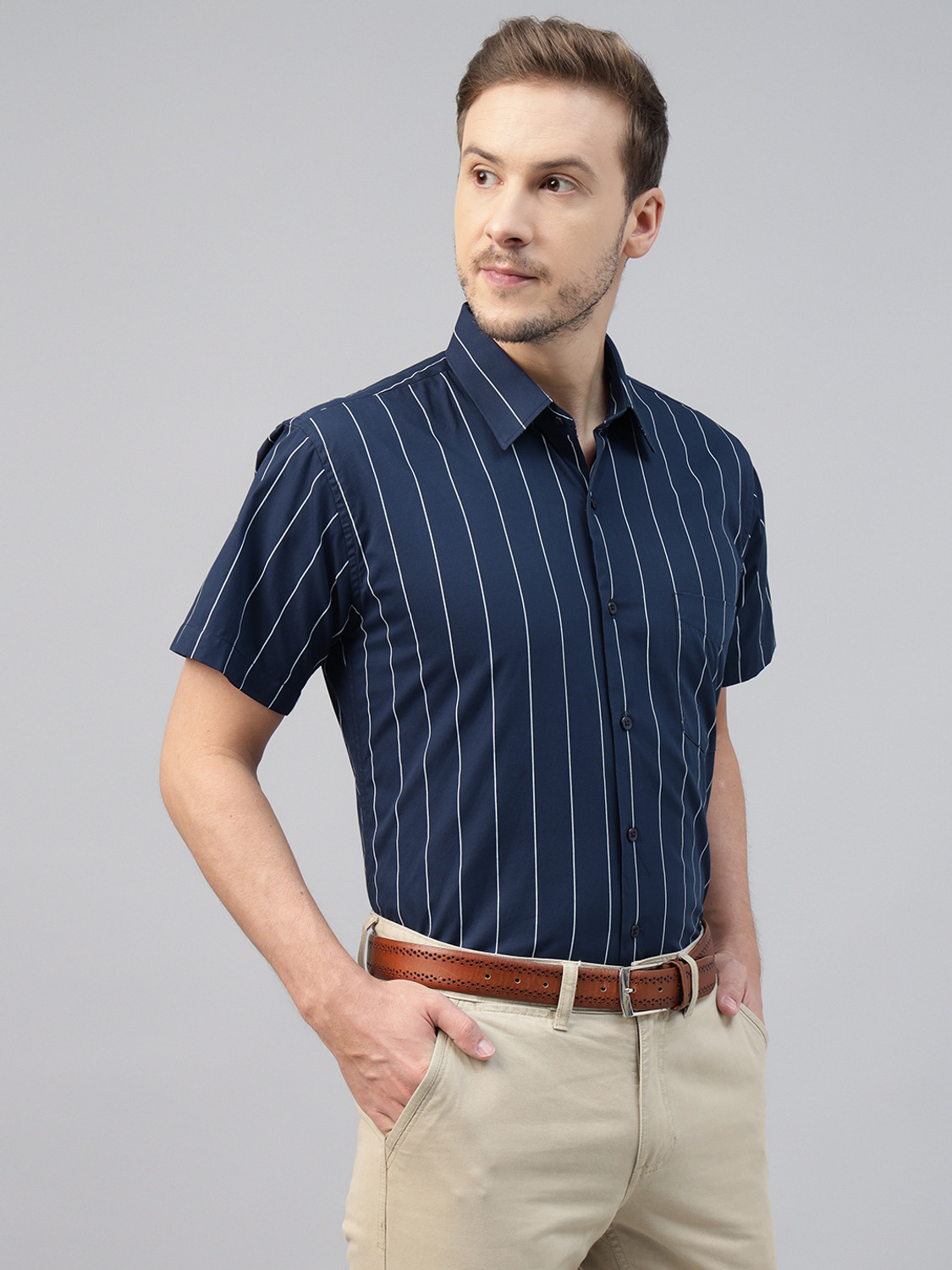 Image of Hancock Men Striped Formal Dark Blue Shirt
