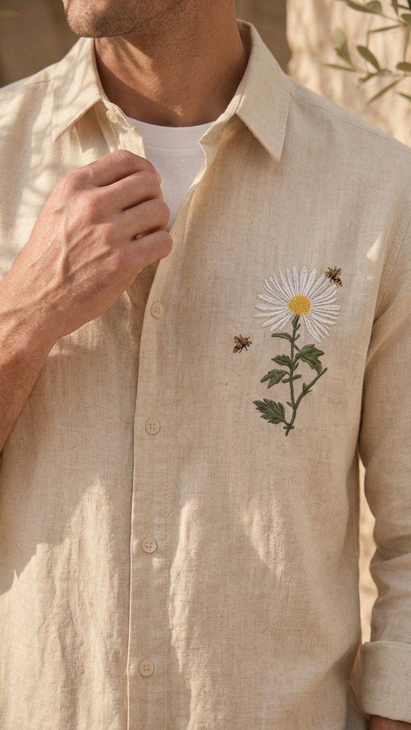 Image of HouseOfShivay Men Embroidered Casual Beige Shirt
