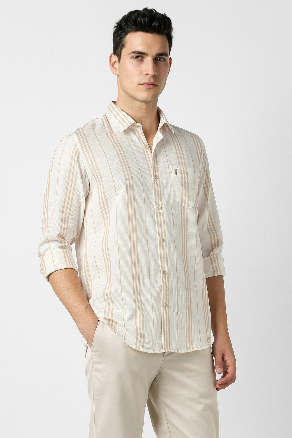 Image of PETER ENGLAND Men Striped Casual Beige Shirt