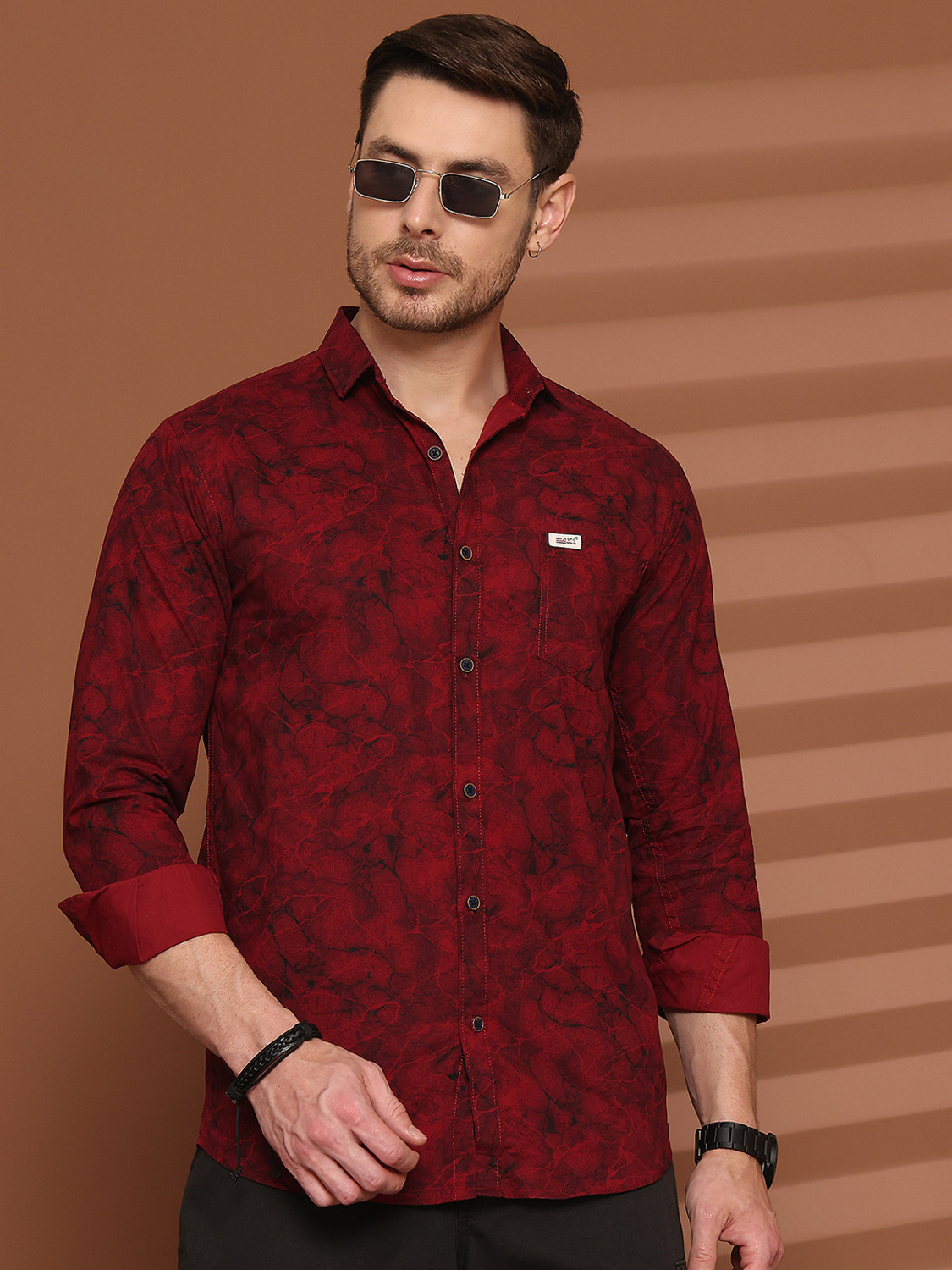 Image of Majestic Man Men Printed Casual Red Shirt
