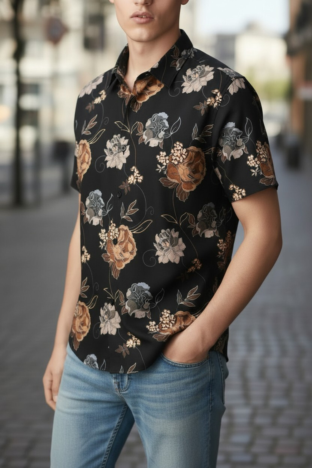 Image of FUBACK Men Relaxed Fit Floral Print Spread Collar Casual Shirt