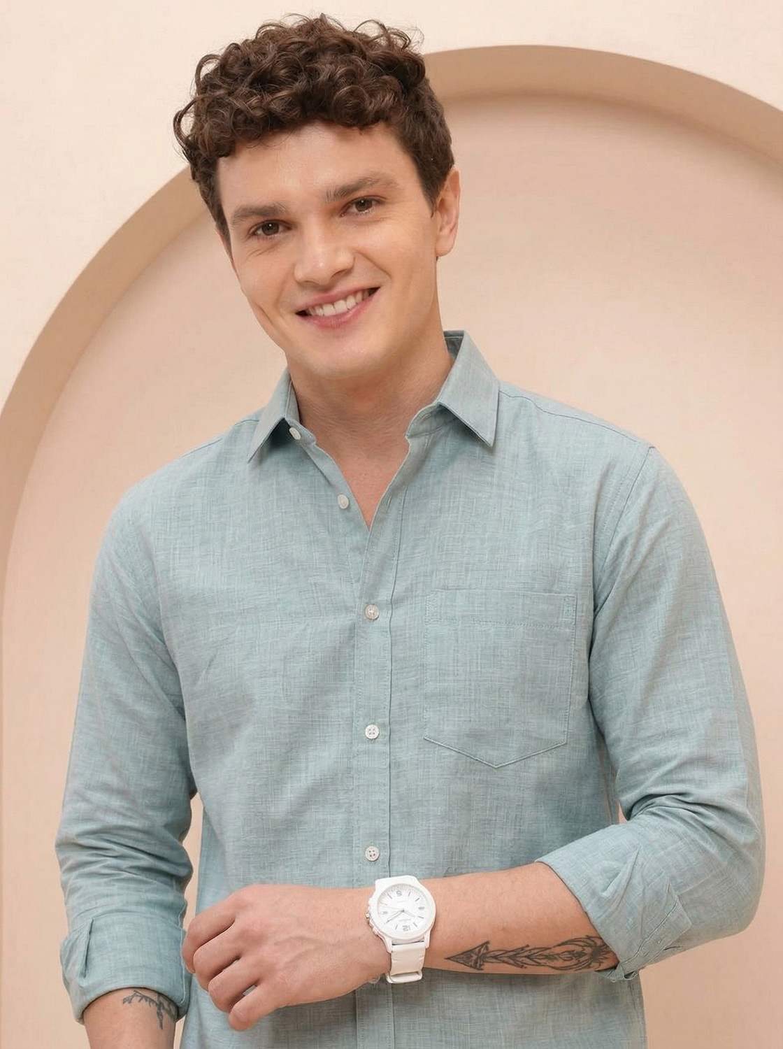 Image of greet fashion Men Solid Casual Light Green Shirt
