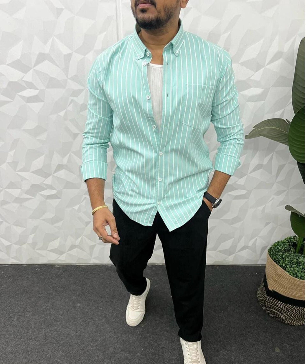Image of CROWNEDLION Men Striped Casual Light Blue Shirt