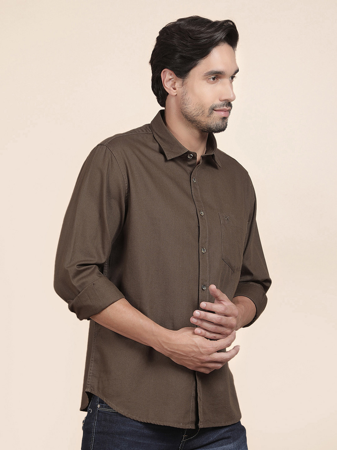 Image of CANTABIL Men Solid Casual Brown Shirt