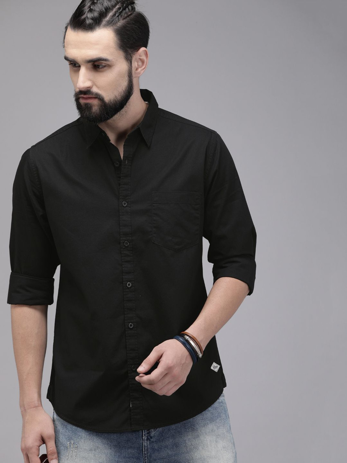 Image of Roadster Men Solid Casual Black Shirt