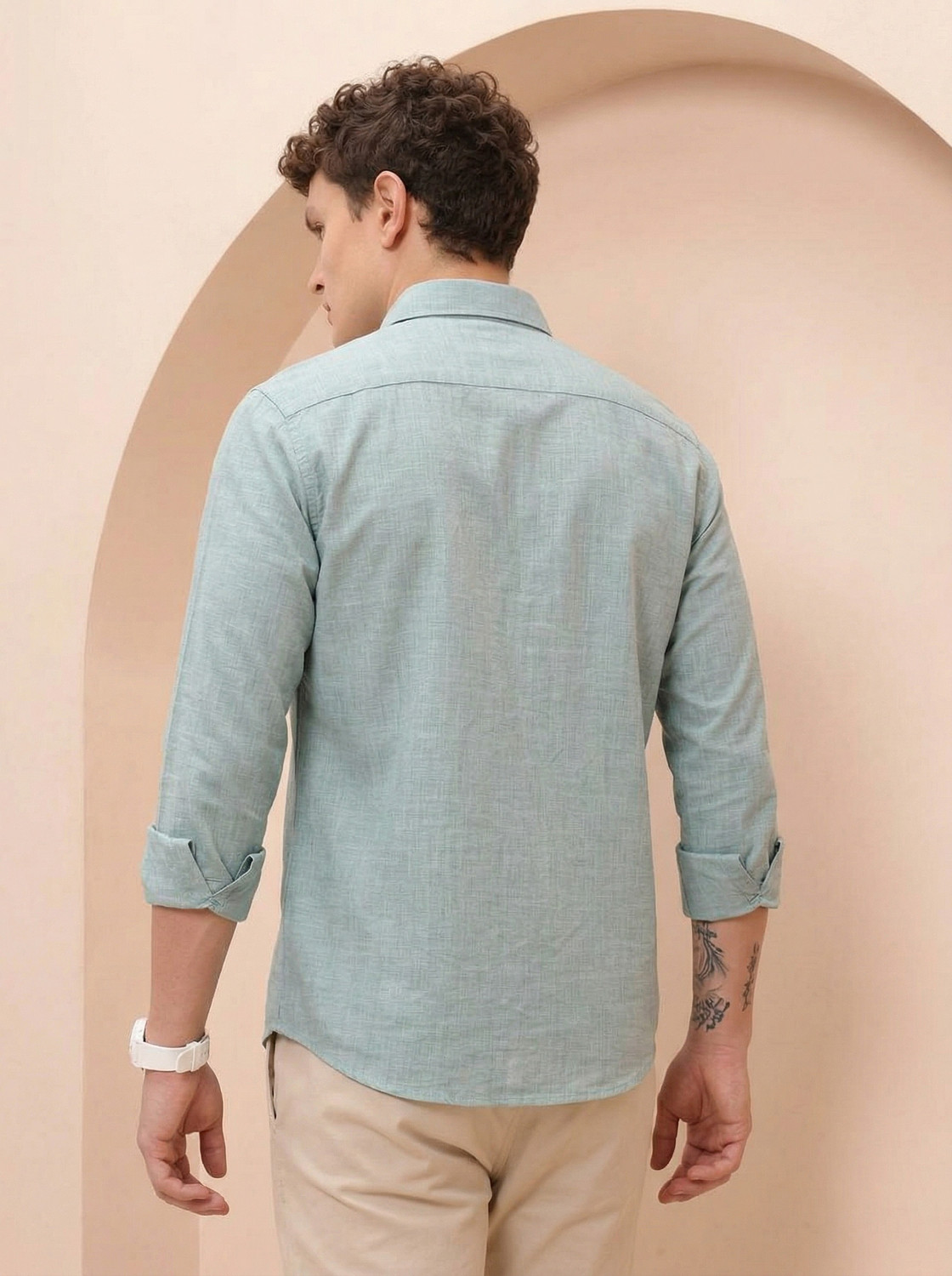 Image of greet fashion Men Solid Casual Light Green Shirt