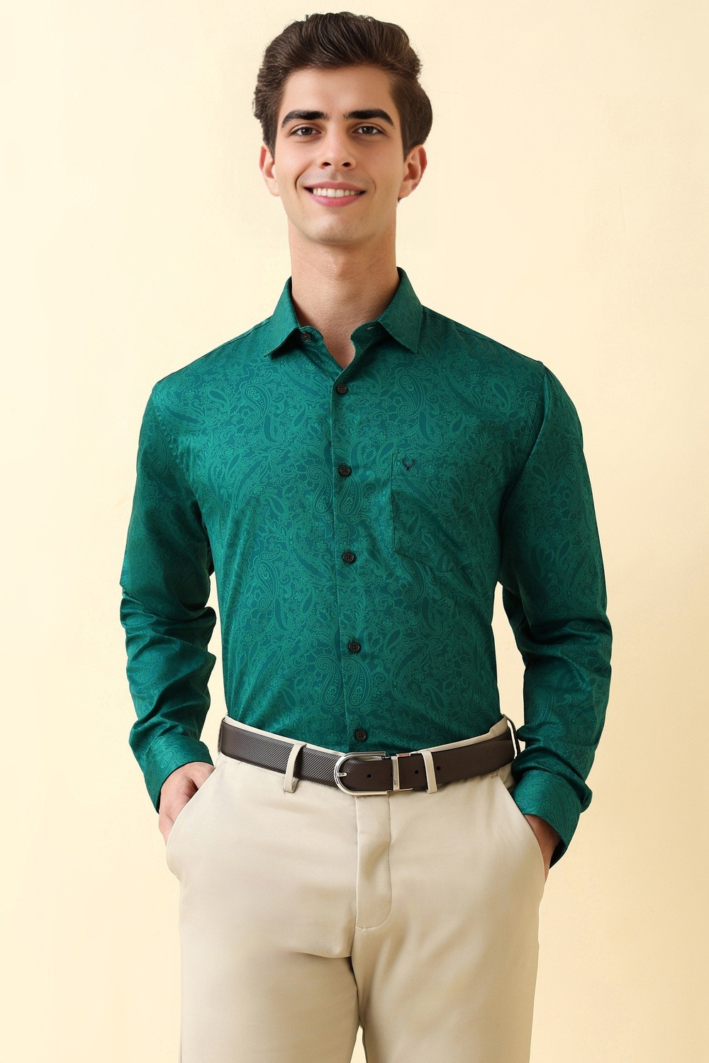 Image of Allen Solly Men Printed Formal Green Shirt