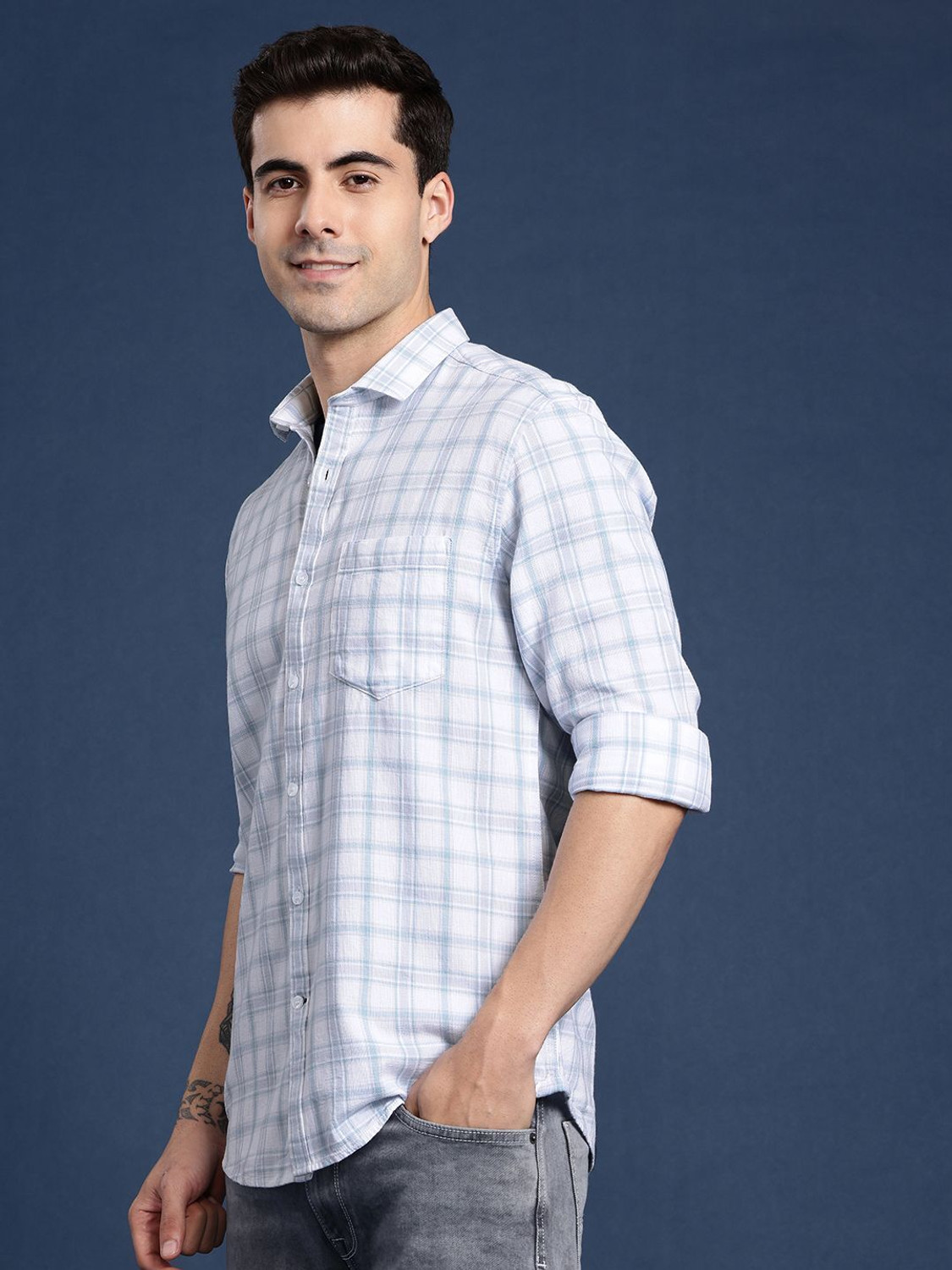 Image of Mast & Harbour Men Checkered Casual White Shirt