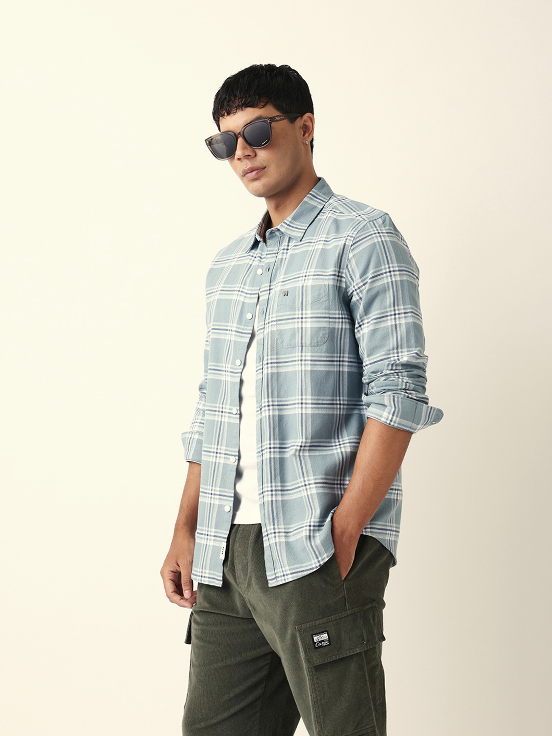 Image of THE BEAR HOUSE Men Checkered Casual Light Blue Shirt