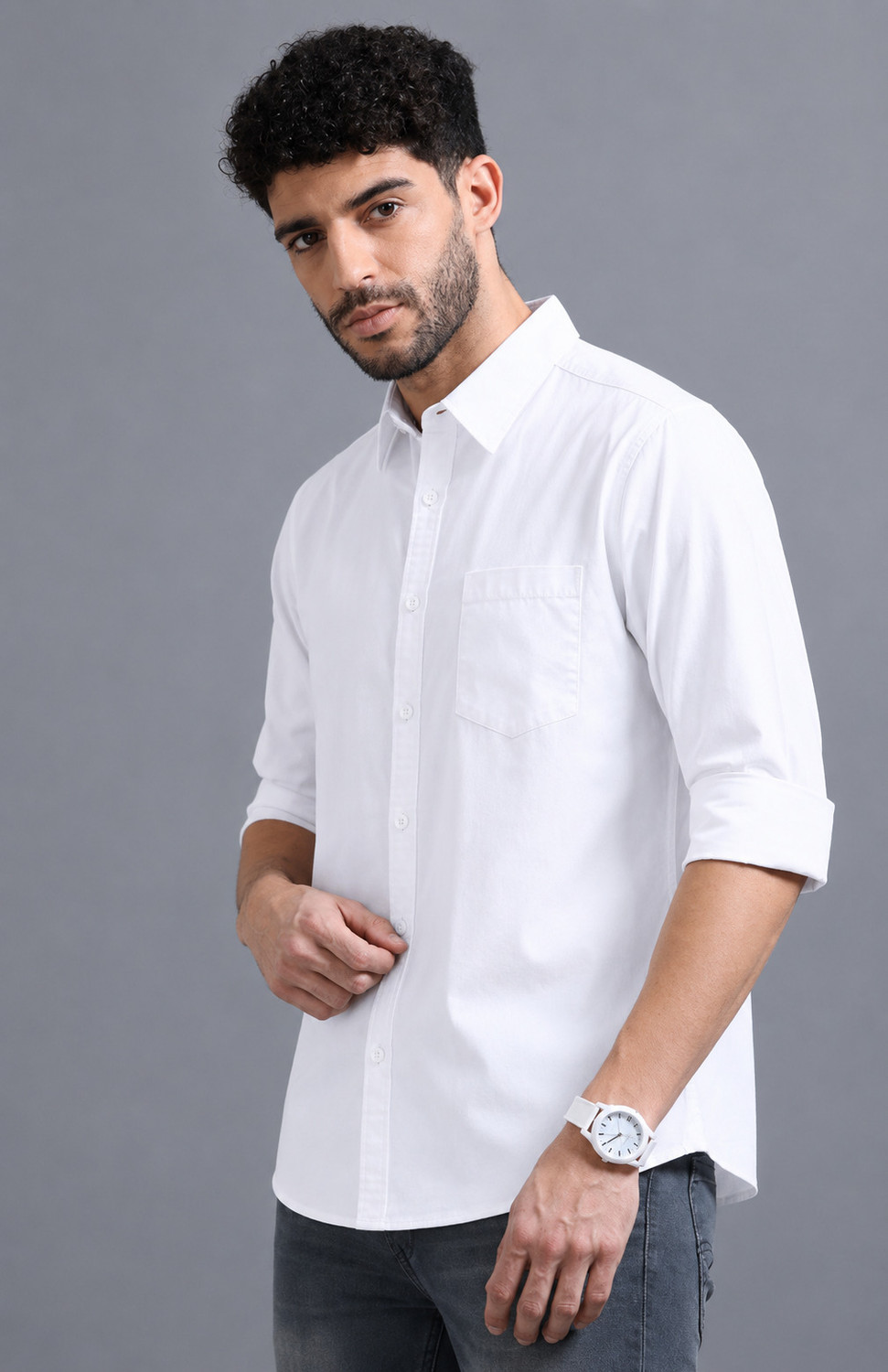 Image of VAIDDO Men Solid Casual White Shirt