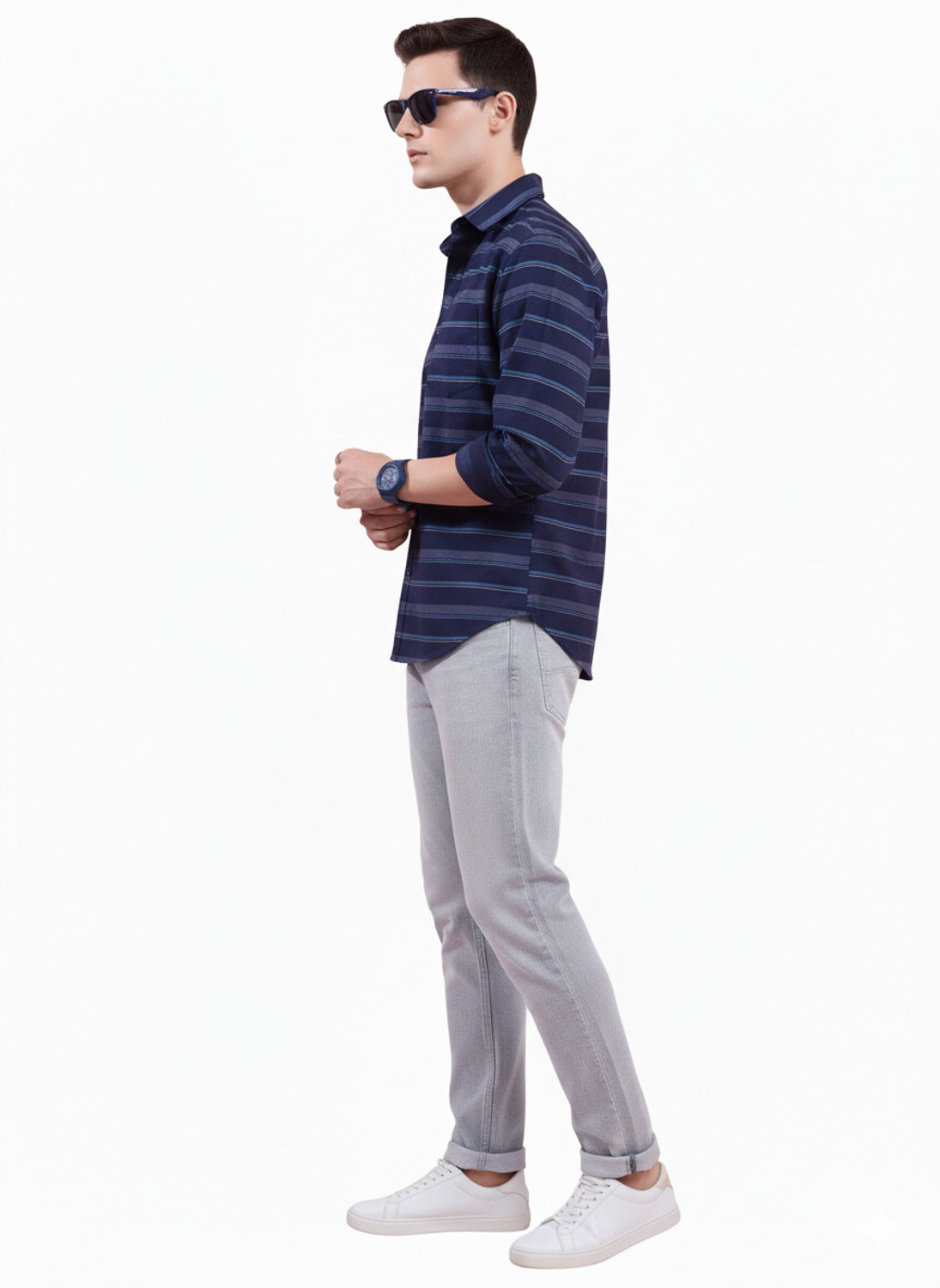 Image of YELLOWDASH Men Striped Casual Dark Blue Shirt