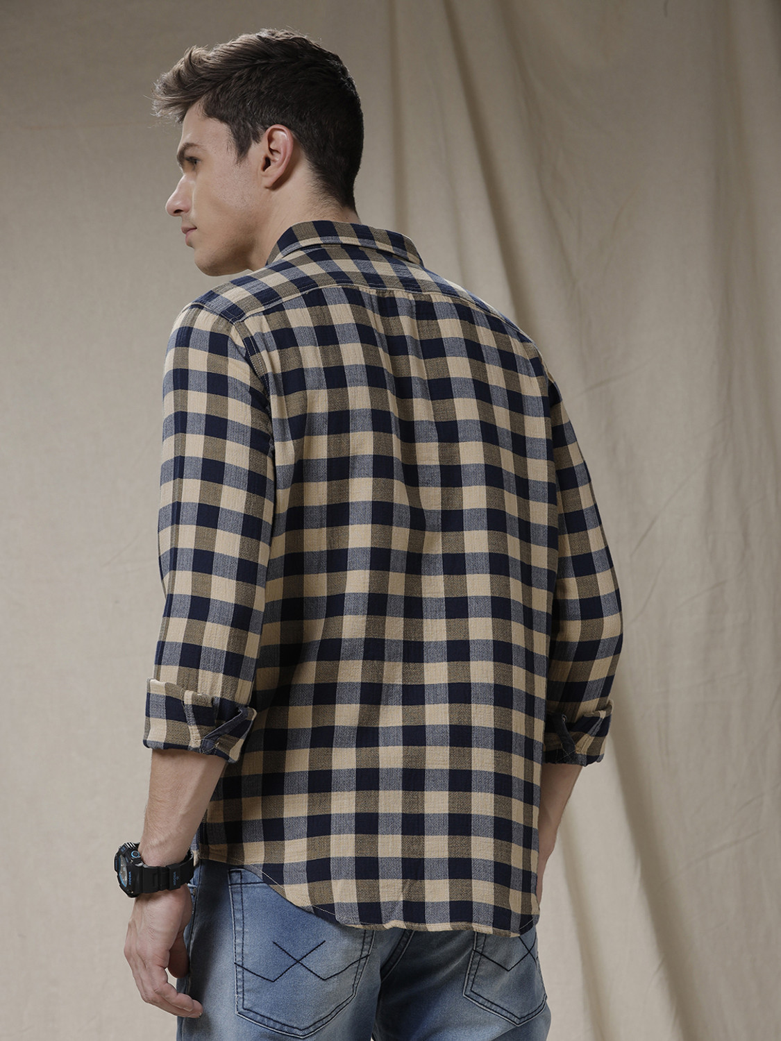 Image of WROGN Men Checkered Casual Beige, Dark Blue Shirt