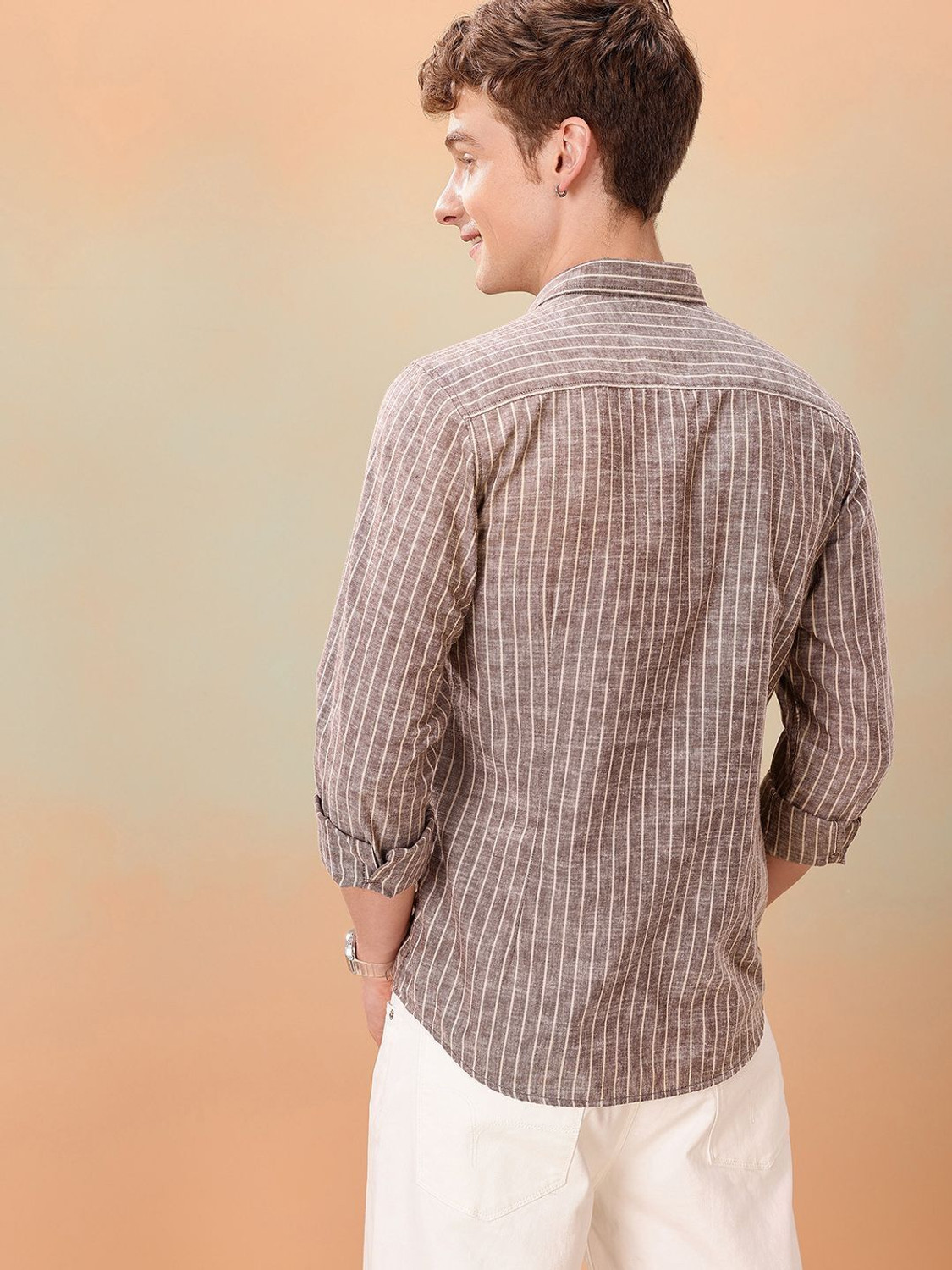 Image of Mast & Harbour Men Striped Casual Brown Shirt