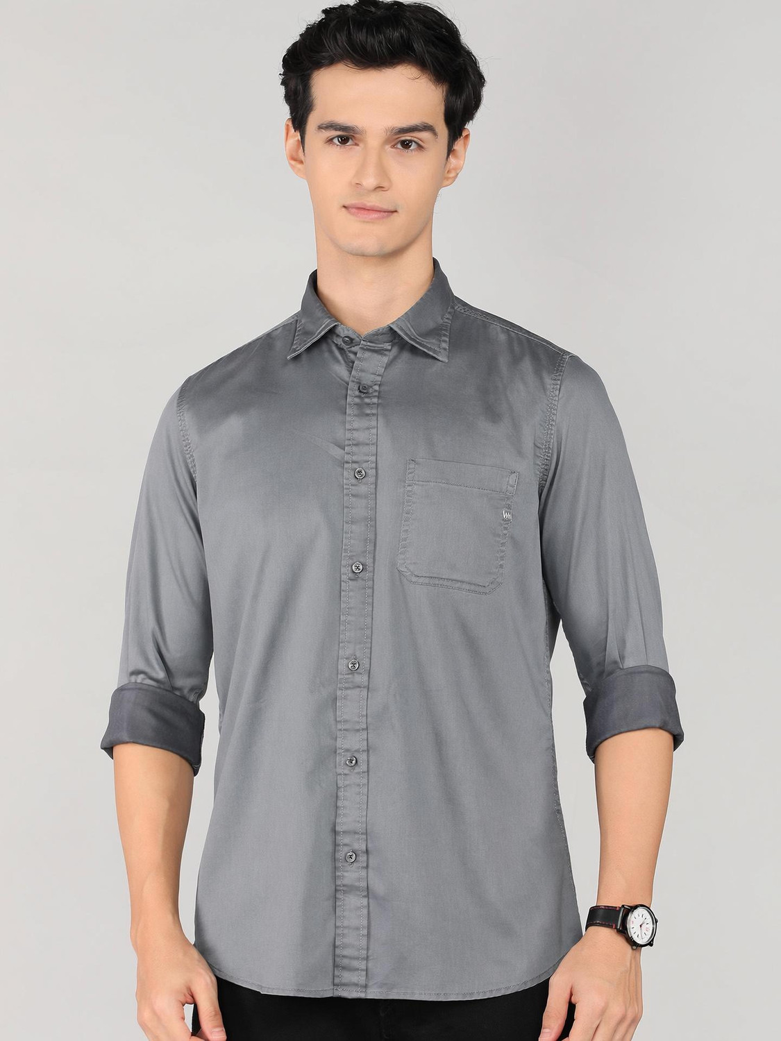 Image of LAWMAN Men Solid Casual Grey Shirt
