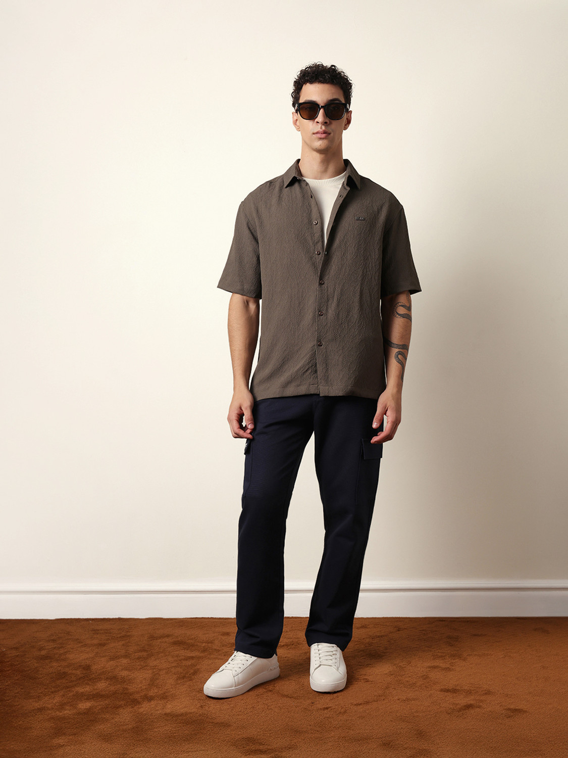Image of THE BEAR HOUSE Men Self Design Casual Green Shirt