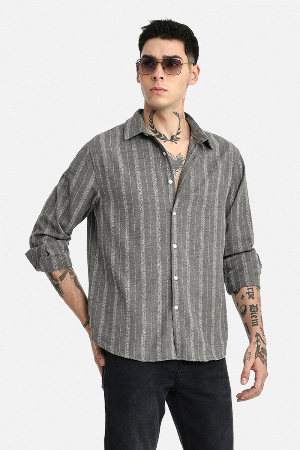 Image of Snitch Men Striped Casual Grey Shirt