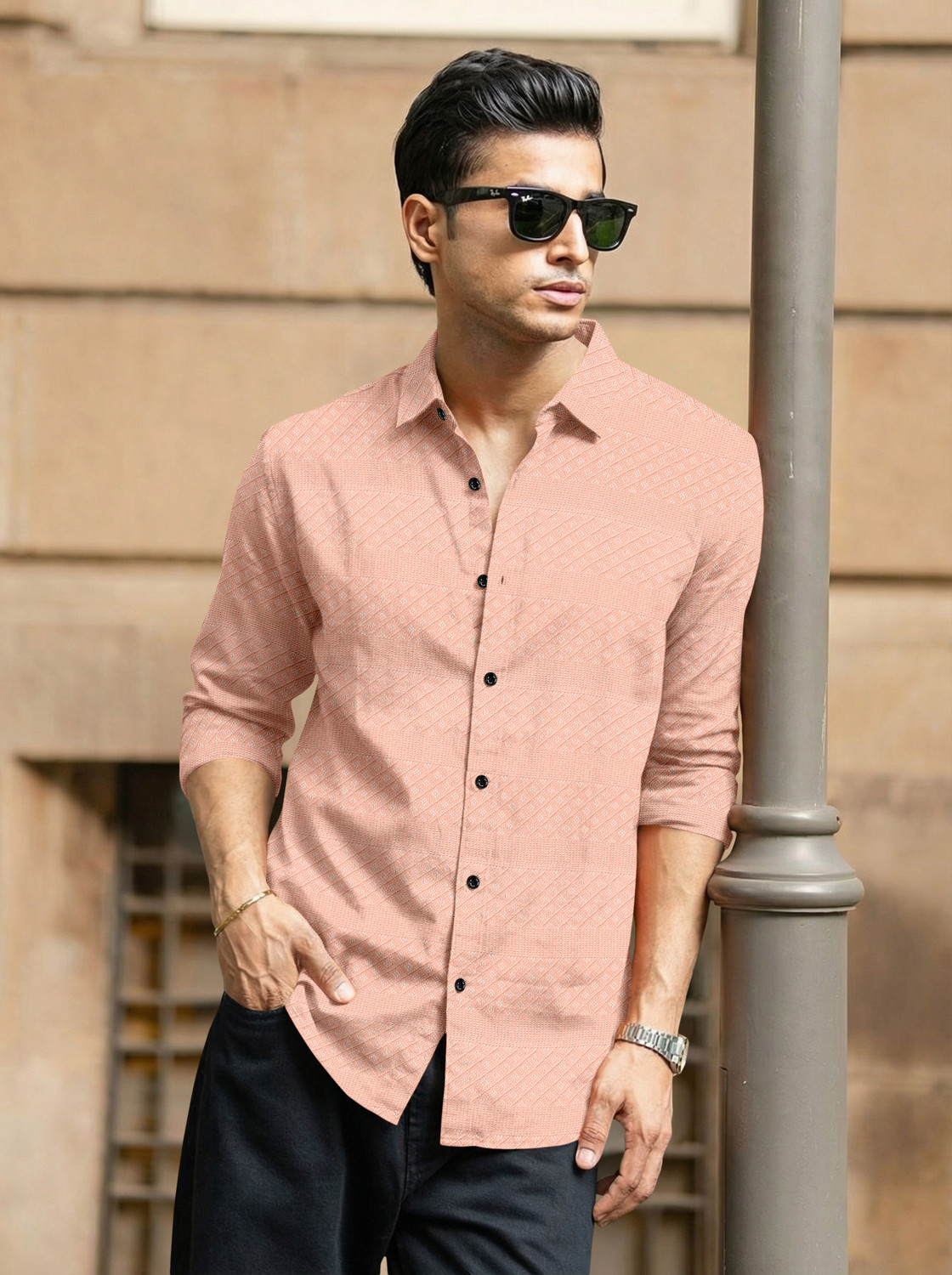 Image of Voroxy Men Self Design Casual Pink Shirt