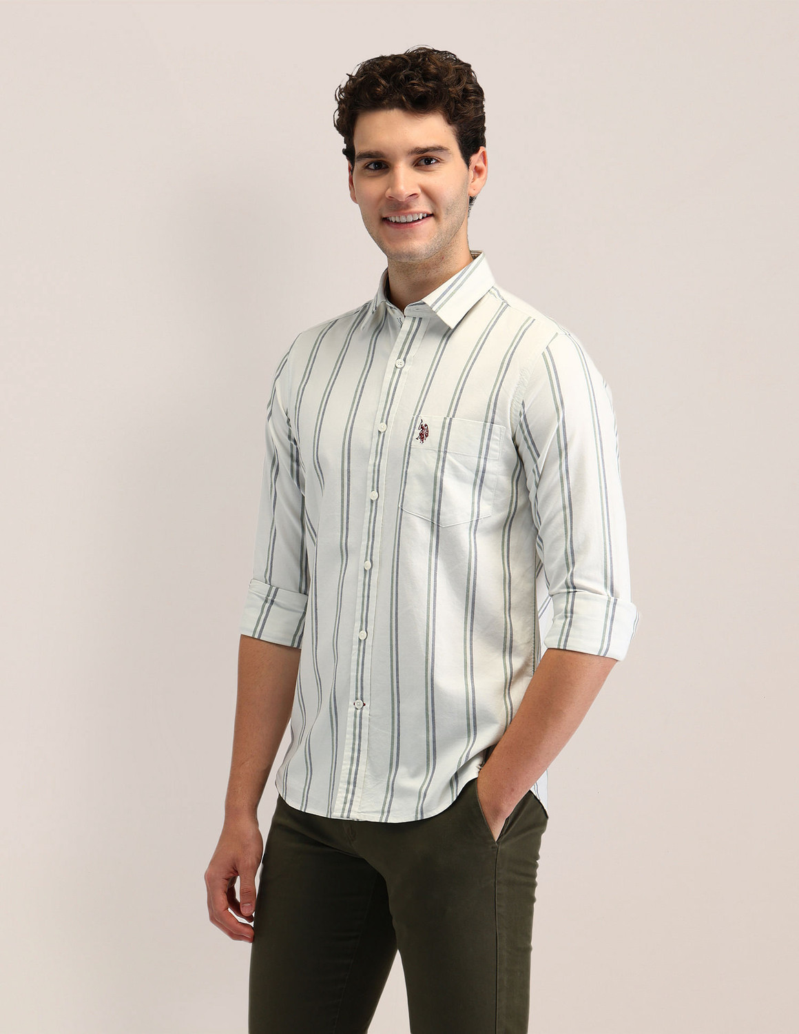 Image of U.S. POLO ASSN. Men Striped Casual Grey Shirt