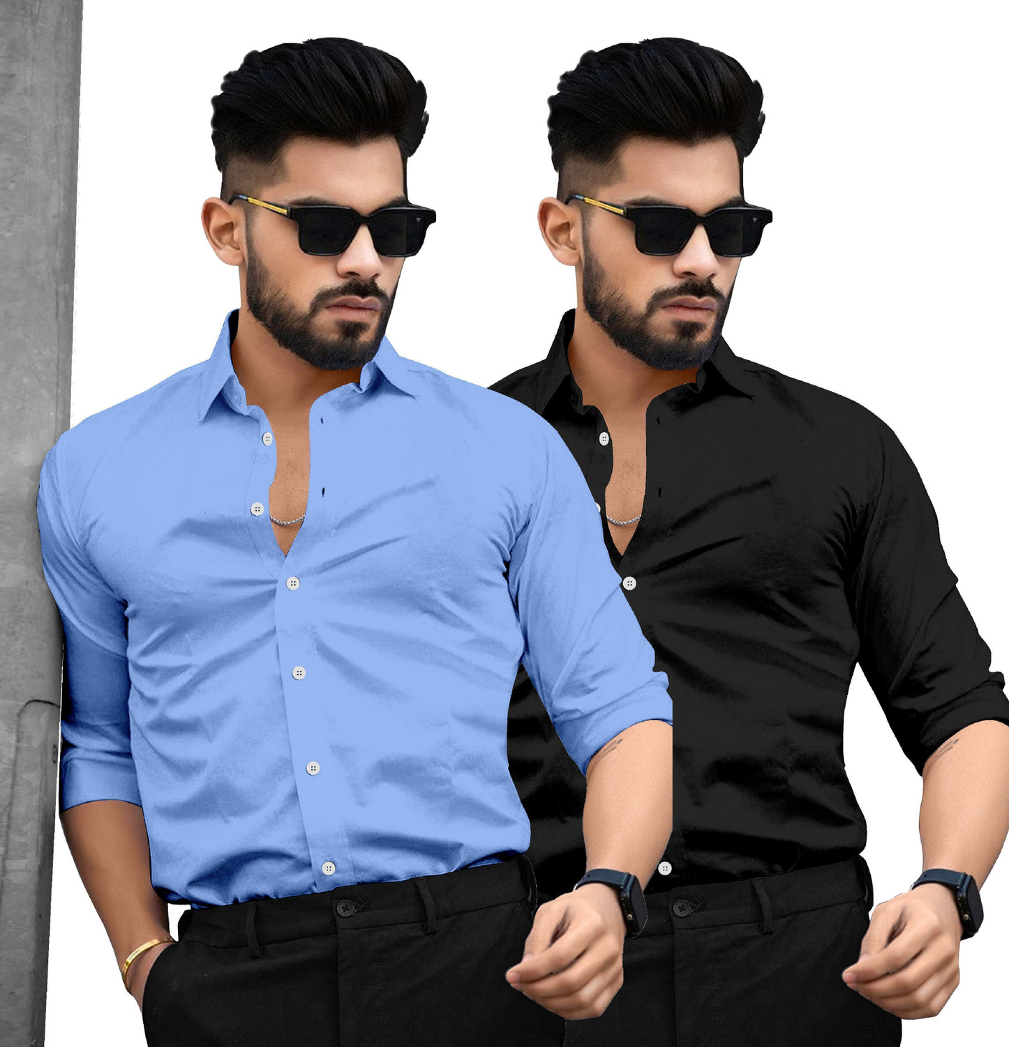 Image of SAADIWALA Men Solid Casual Black, Light Blue Shirt
