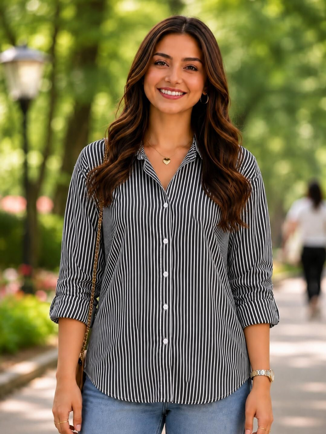 Image of VEZLINA Women Striped Casual Black Shirt