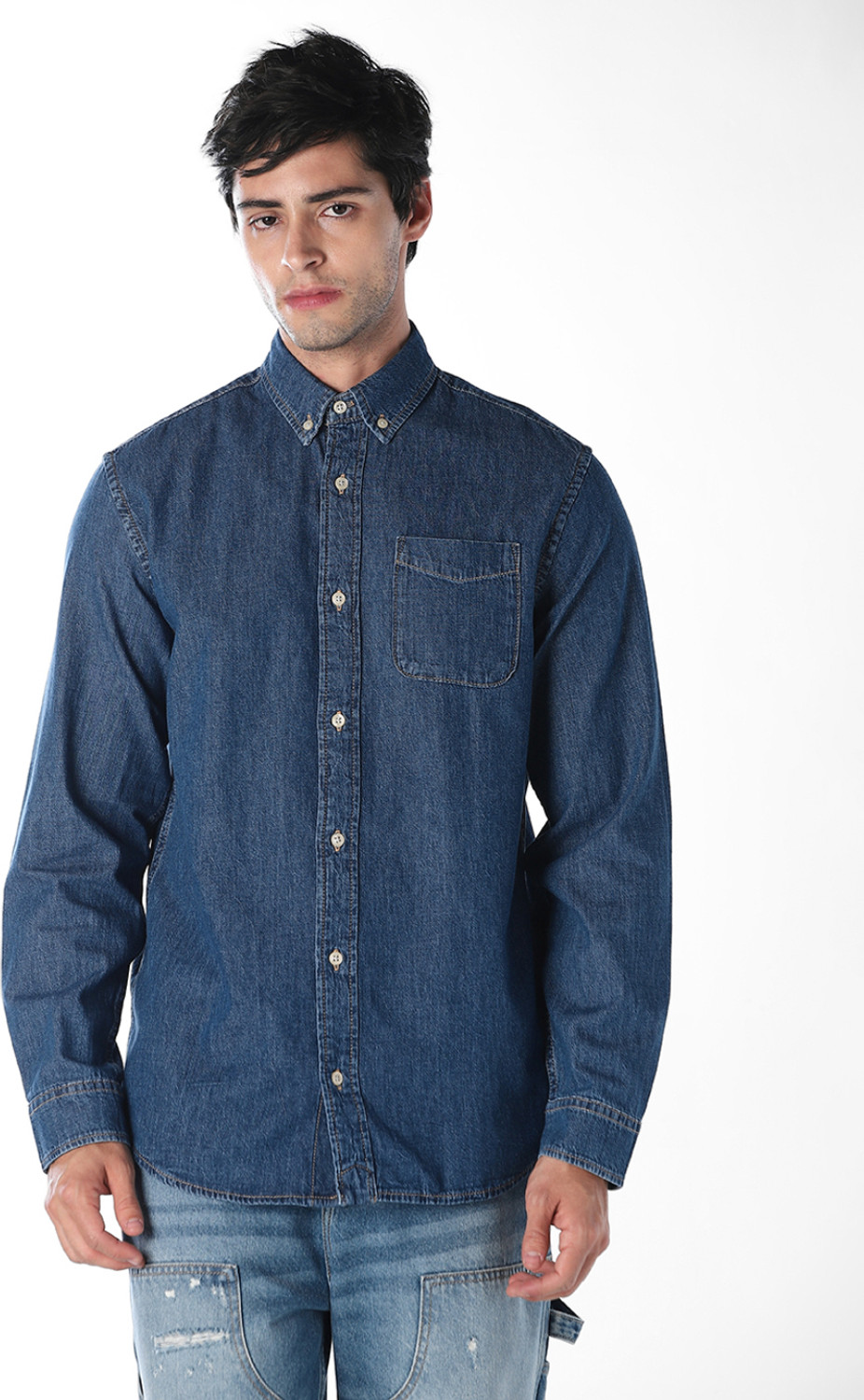 Image of JACK & JONES Men Solid Casual Blue Shirt