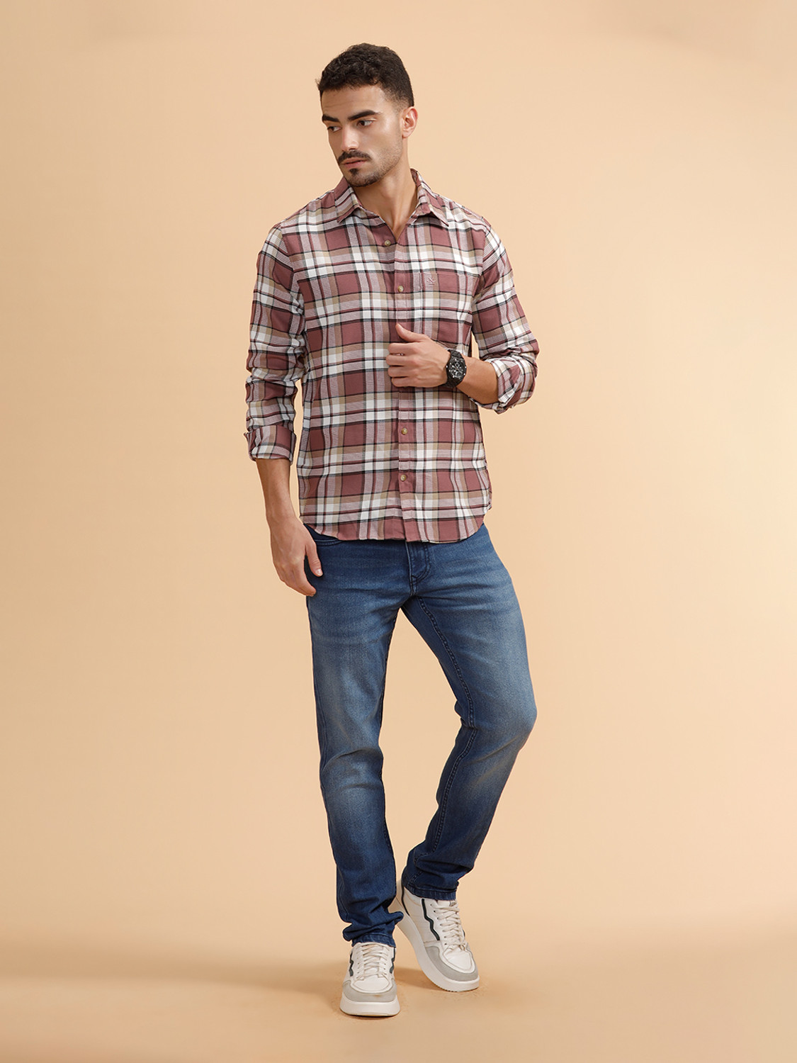 Image of WROGN Men Checkered Casual Pink Shirt