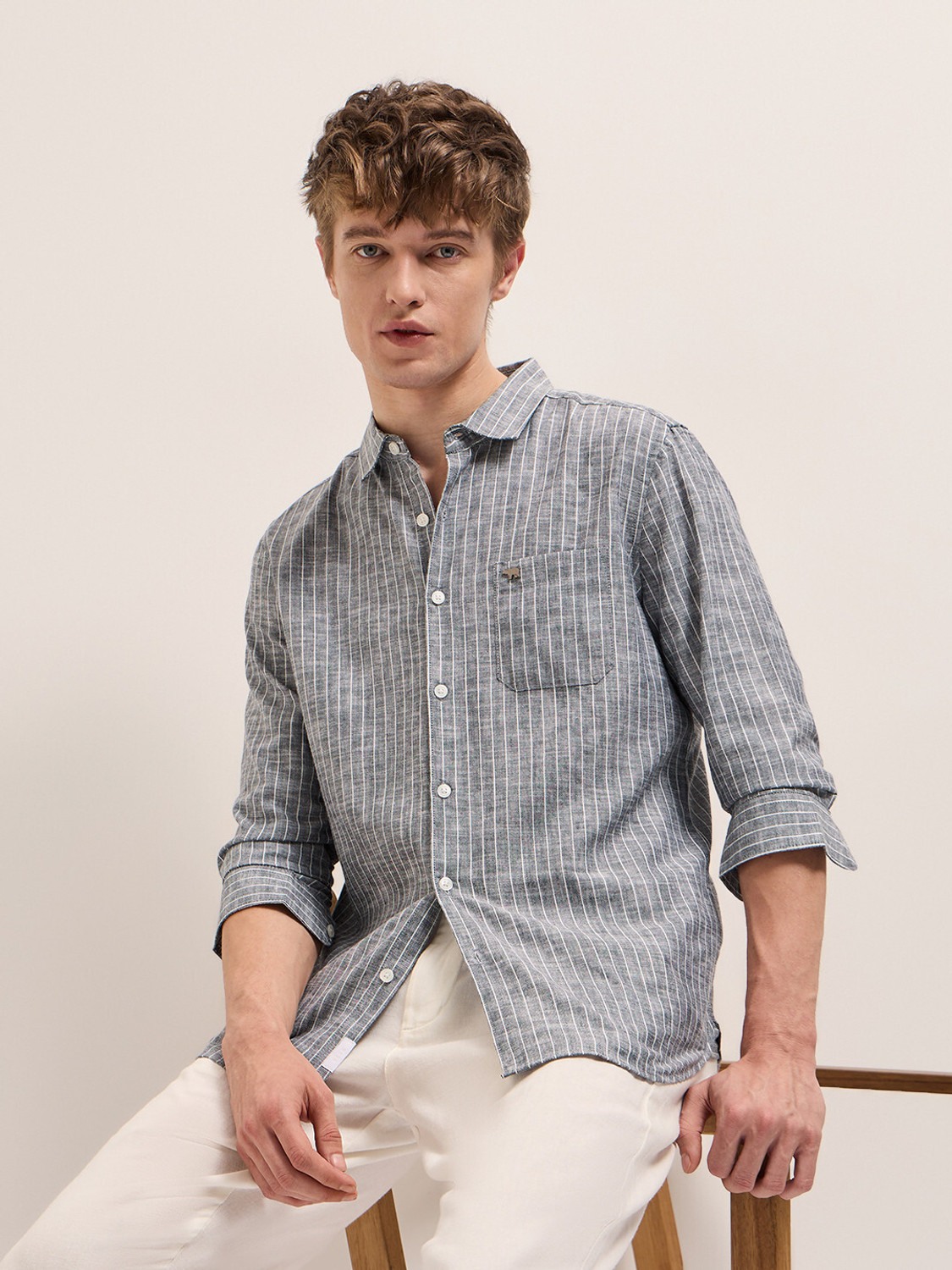 Image of THE BEAR HOUSE Men Striped Casual Grey Shirt