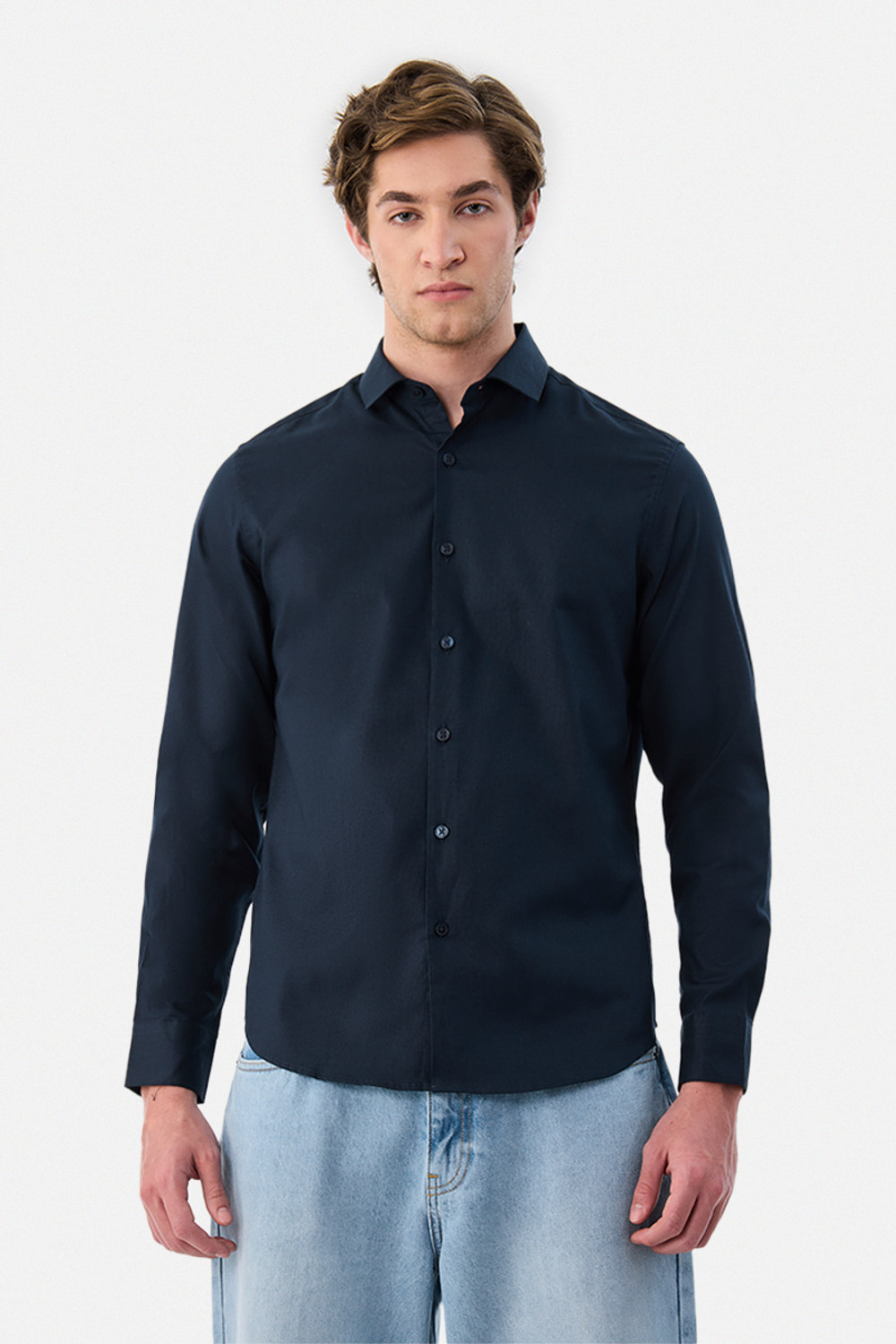Image of Snitch Men Solid Formal Dark Blue Shirt