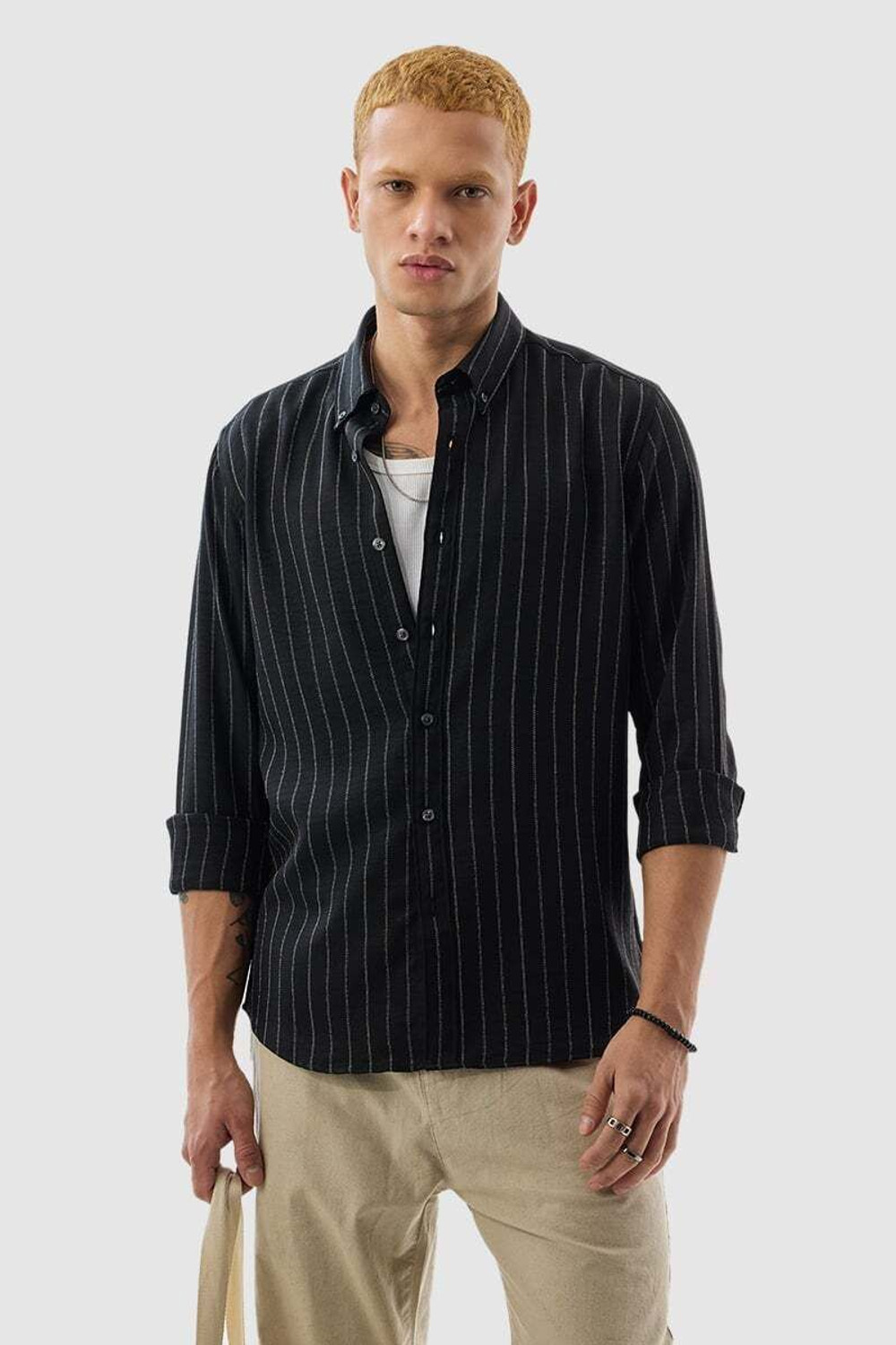 Image of Snitch Men Striped Casual Black Shirt