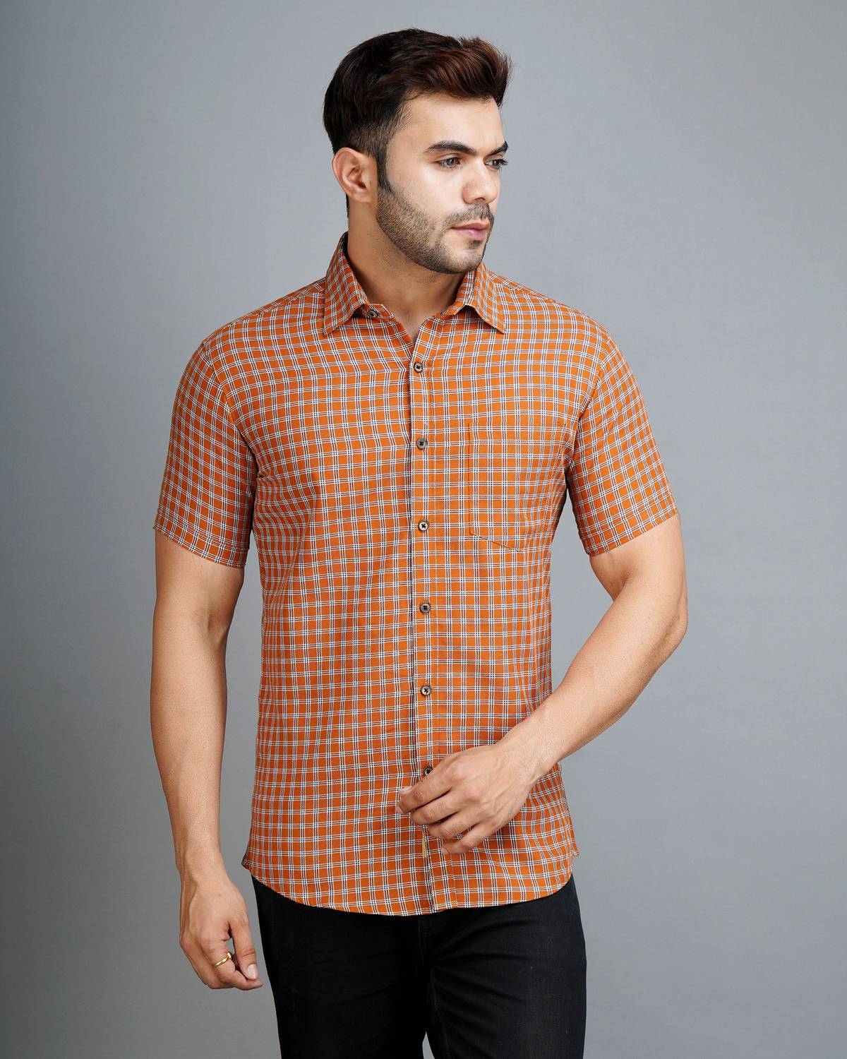 Apuesto Men Checkered Casual Orange Shirt