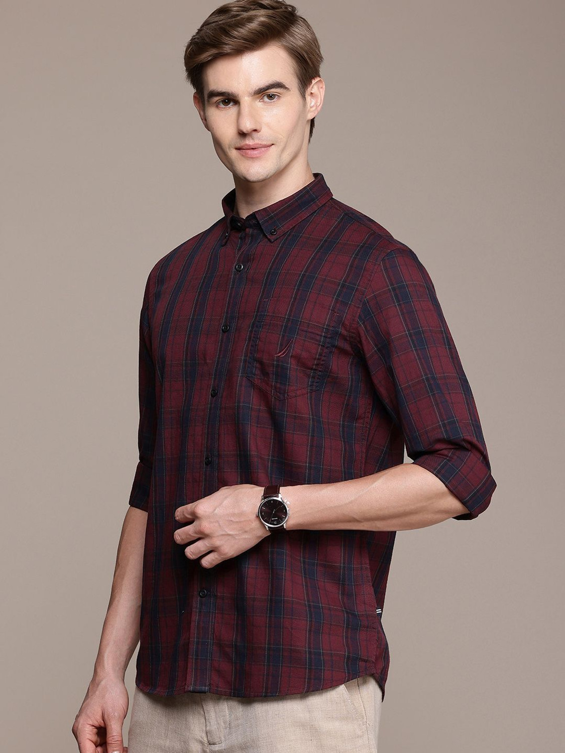 Image of NAUTICA Men Checkered Casual Maroon Shirt