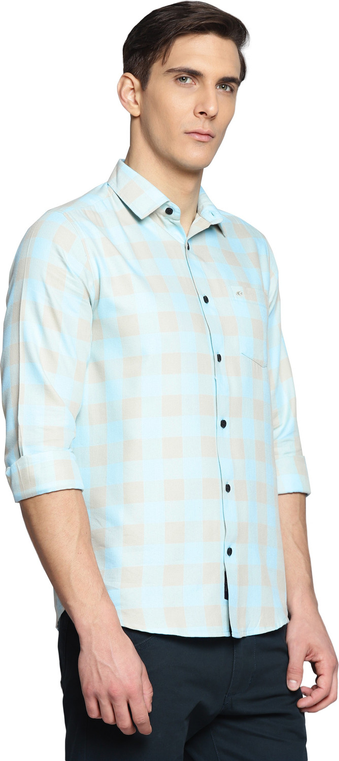 Image of Allen Cooper Men Checkered Casual Light Blue, Beige Shirt