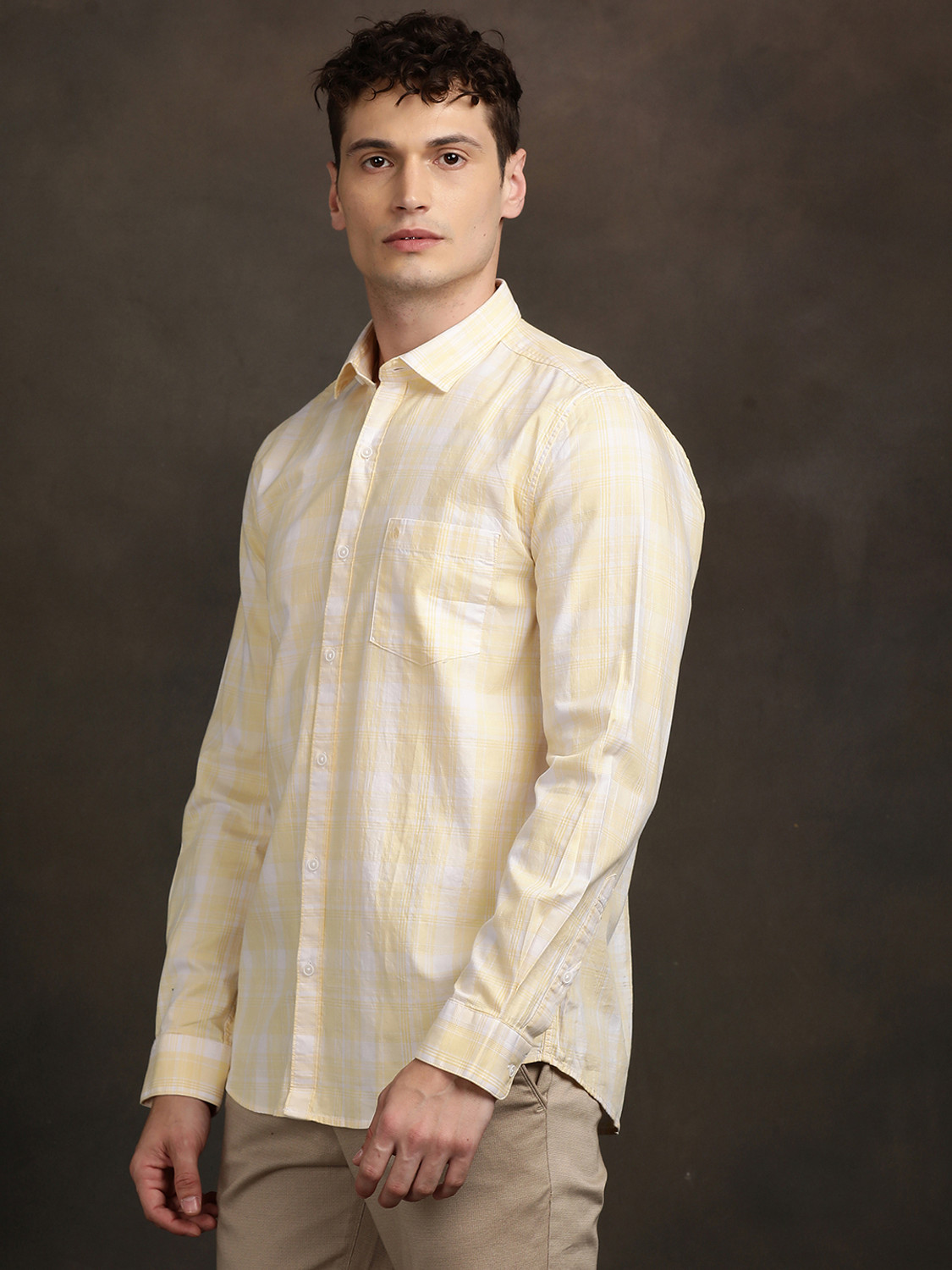Image of TURTLE Men Checkered Casual Beige Shirt