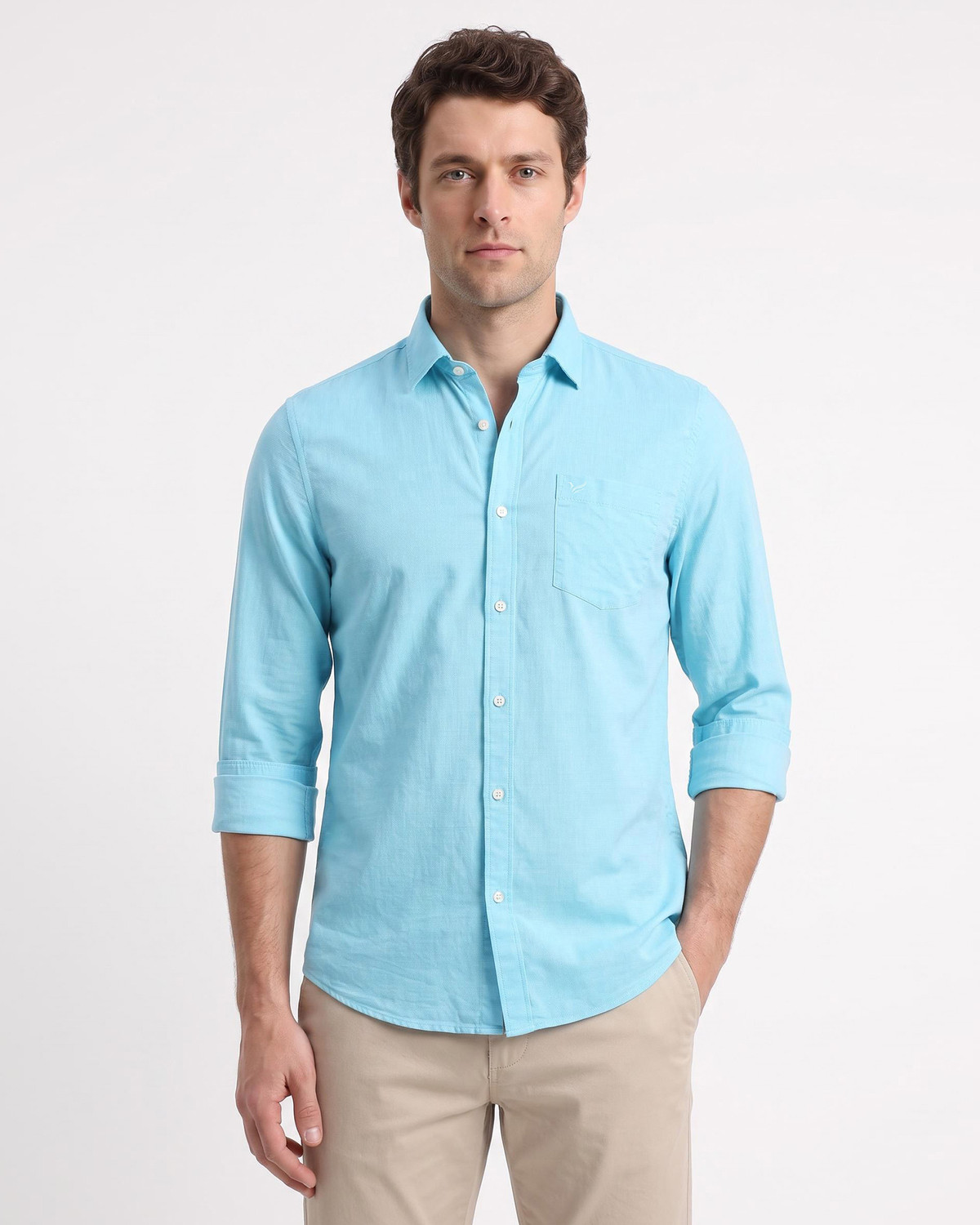 Image of Blackberrys Men Self Design Casual Light Blue Shirt
