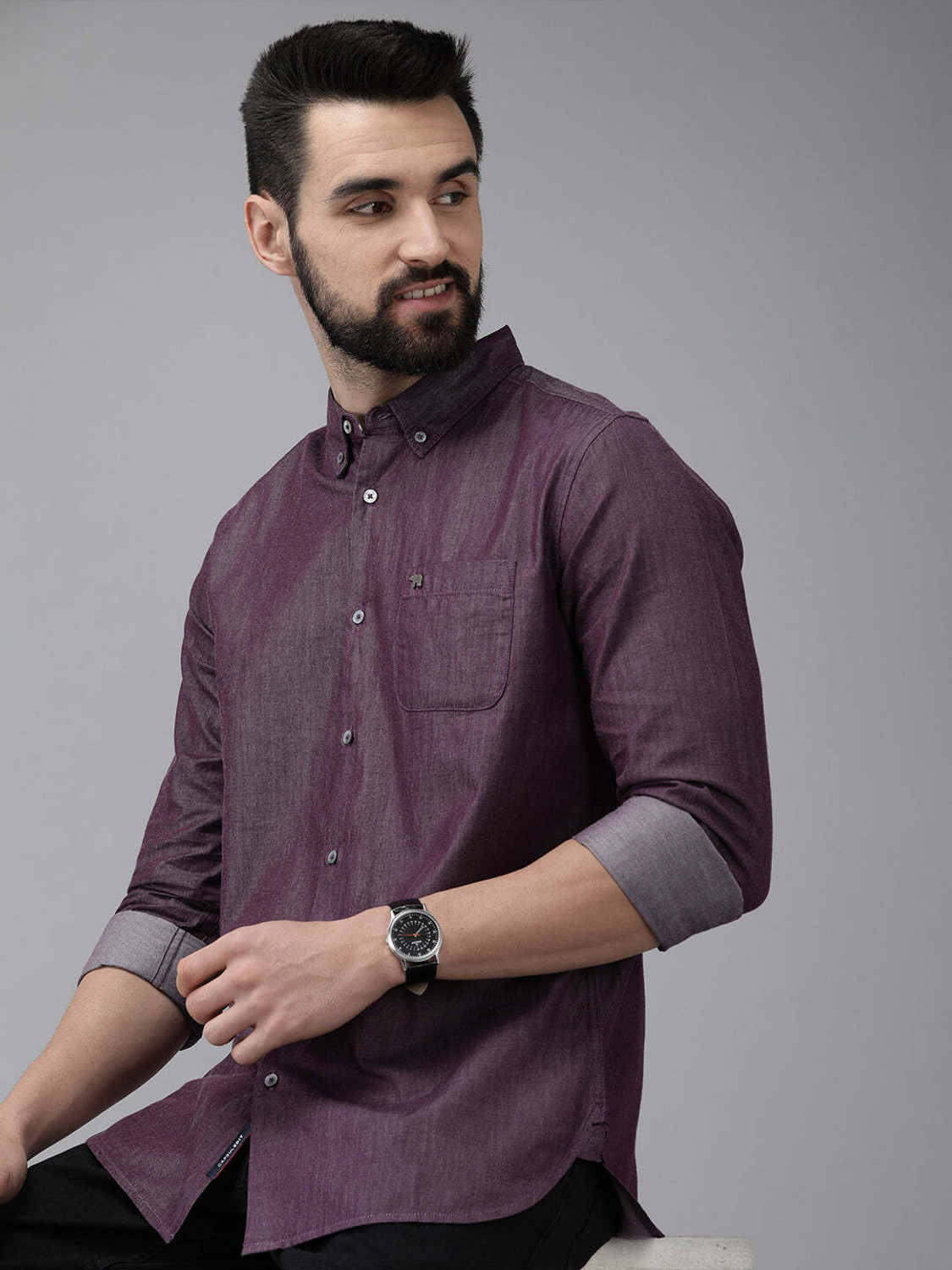 Image of THE BEAR HOUSE Men Solid Casual Purple Shirt