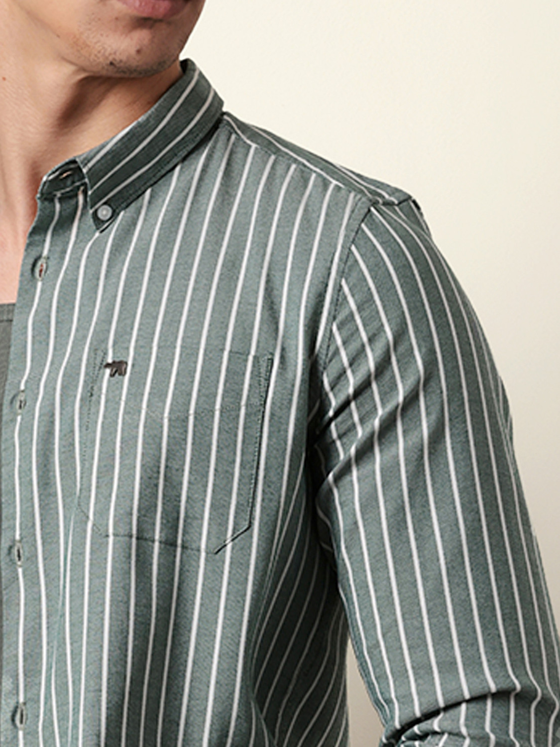 Image of THE BEAR HOUSE Men Striped Casual Green Shirt