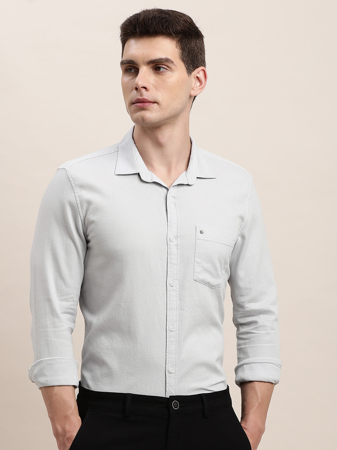Image of TURTLE Men Self Design Casual Grey Shirt