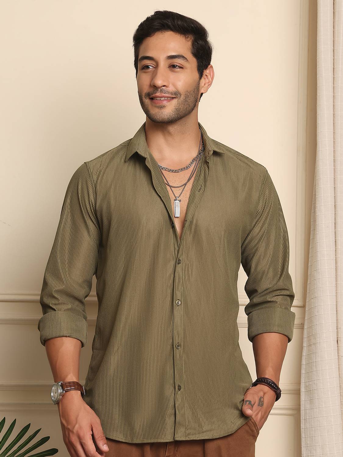 ANP BIHARIKA Men Self Design Casual Green Shirt