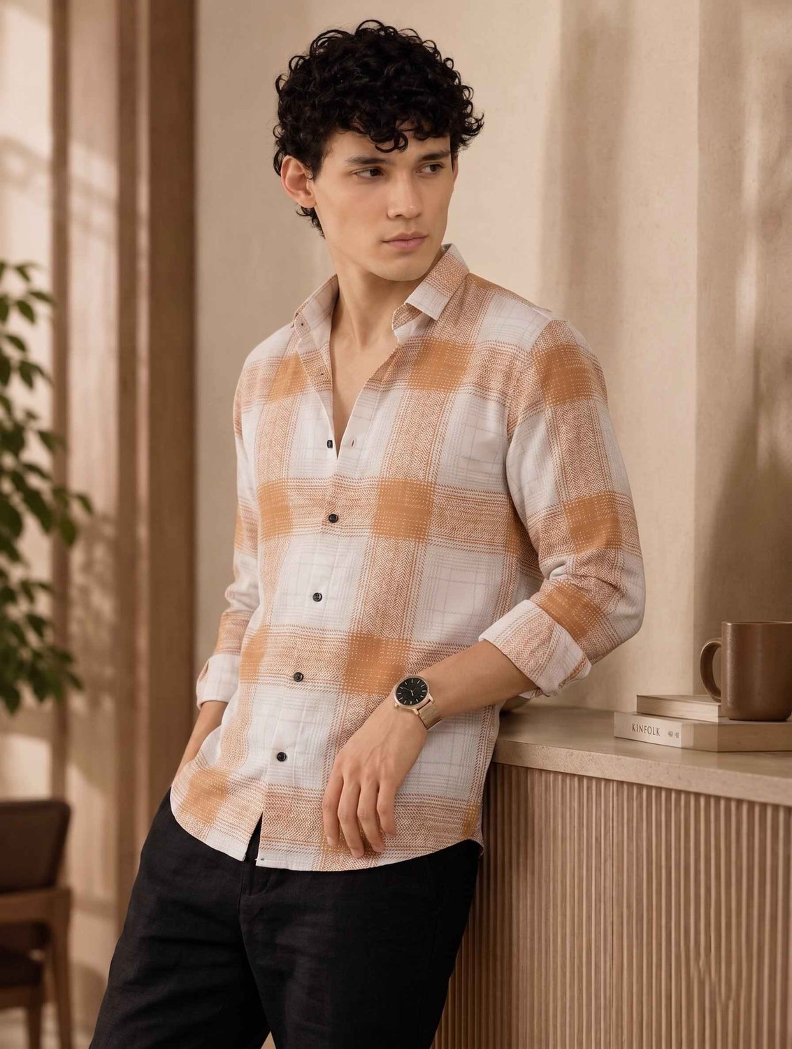 Image of ZONANZA Men Checkered Casual White, Brown Shirt