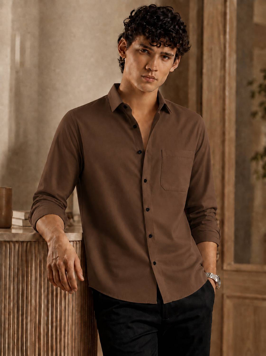mozero Men Solid Casual Black, Brown Shirt - Image 2